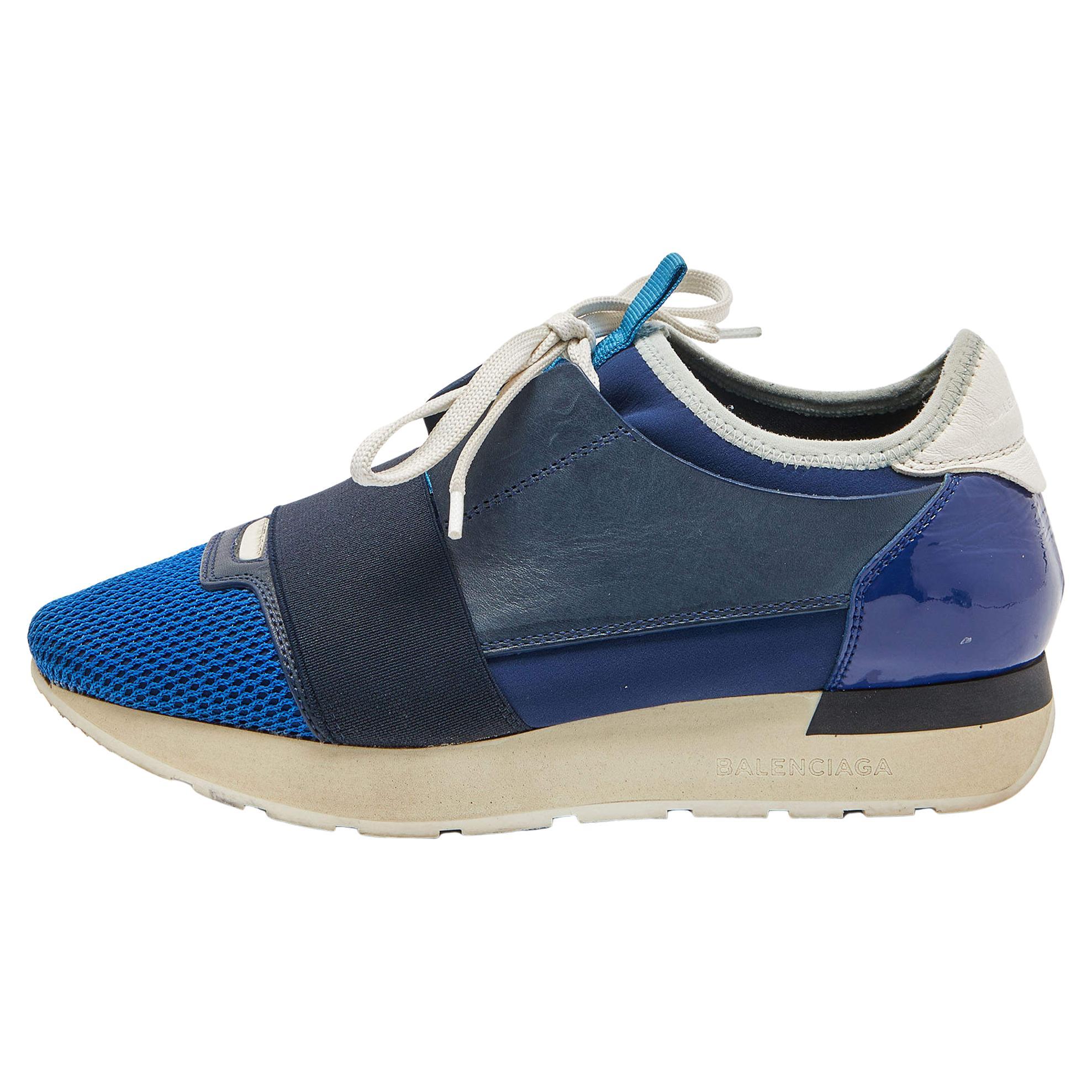 Balenciaga Blue/White Patent Mesh and Leather Race Runner Sneakers Size 36 For Sale
