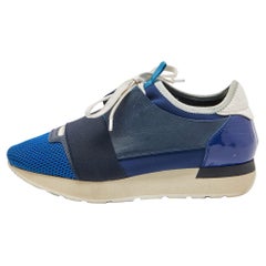 Balenciaga Race Runner Turnschuhe aus blauem/weißem Lackledergeflecht und Leder Größe 36