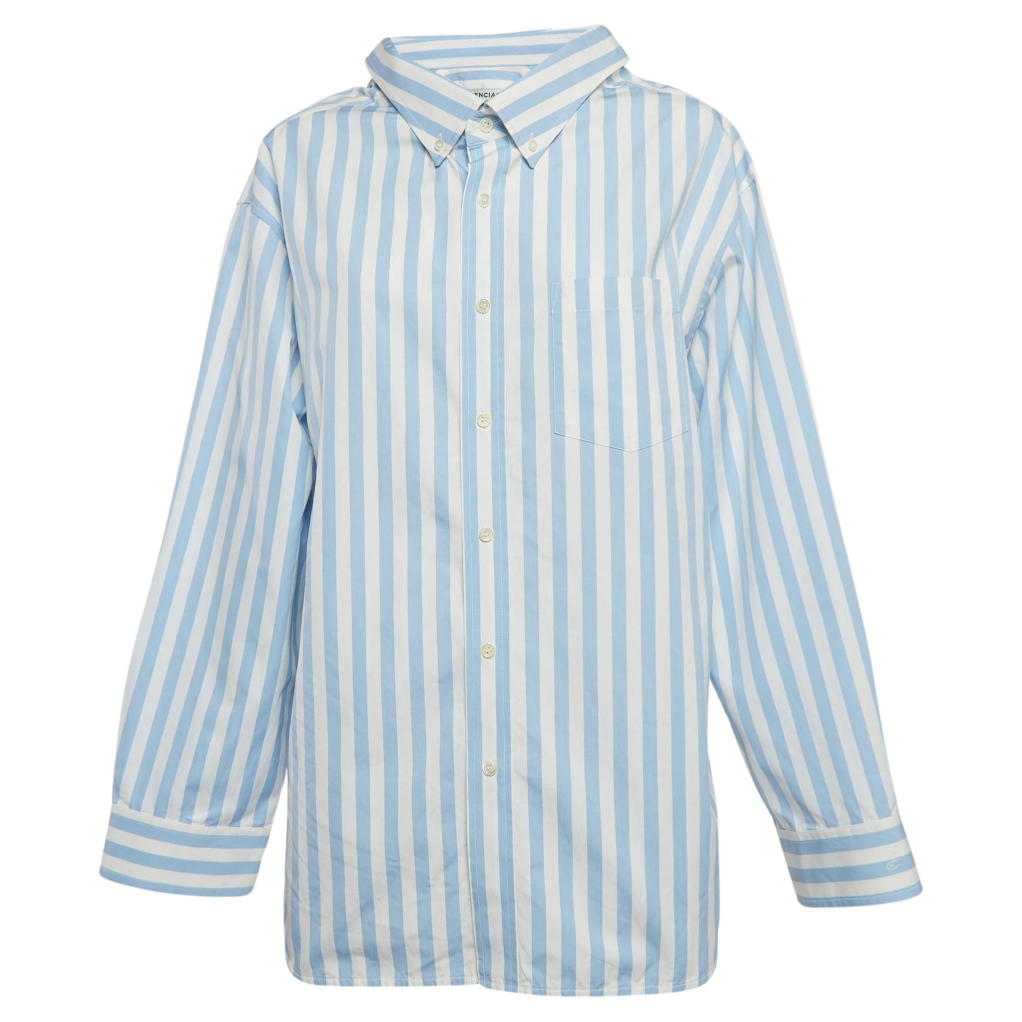 Balenciaga Blau/Weiß gestreiftes Baumwollhemd in Übergröße M im Angebot