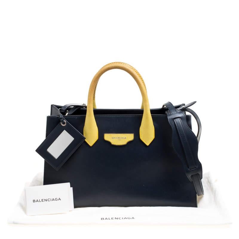 Balenciaga Blue/Yellow Leather Work S Top Handle Bag For Sale 8