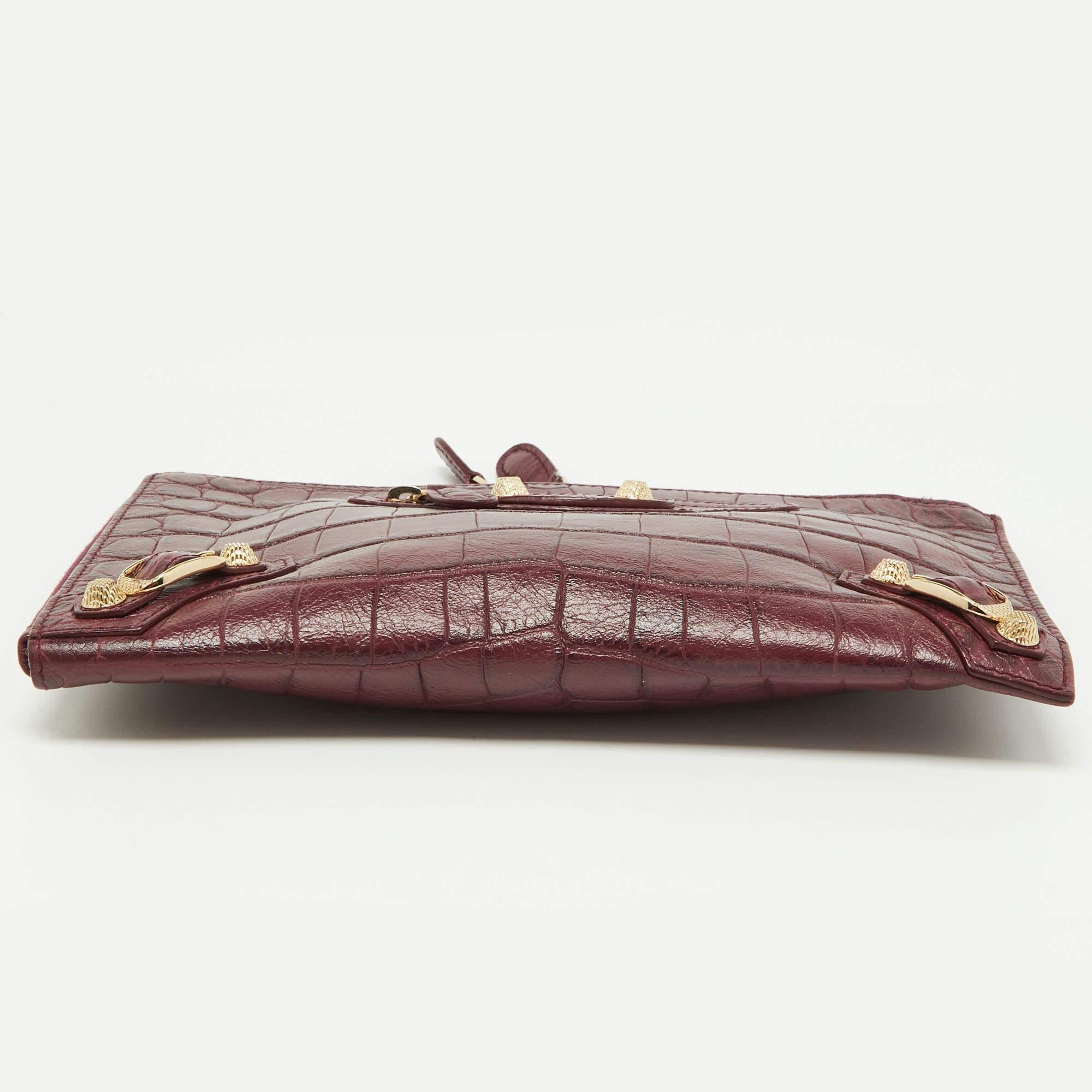 Women's Balenciaga Bordeaux Croc Embossed Leather Zipper Clutch