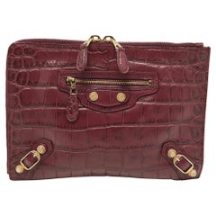 Balenciaga Bordeaux Croc Embossed Leather Zipper Clutch