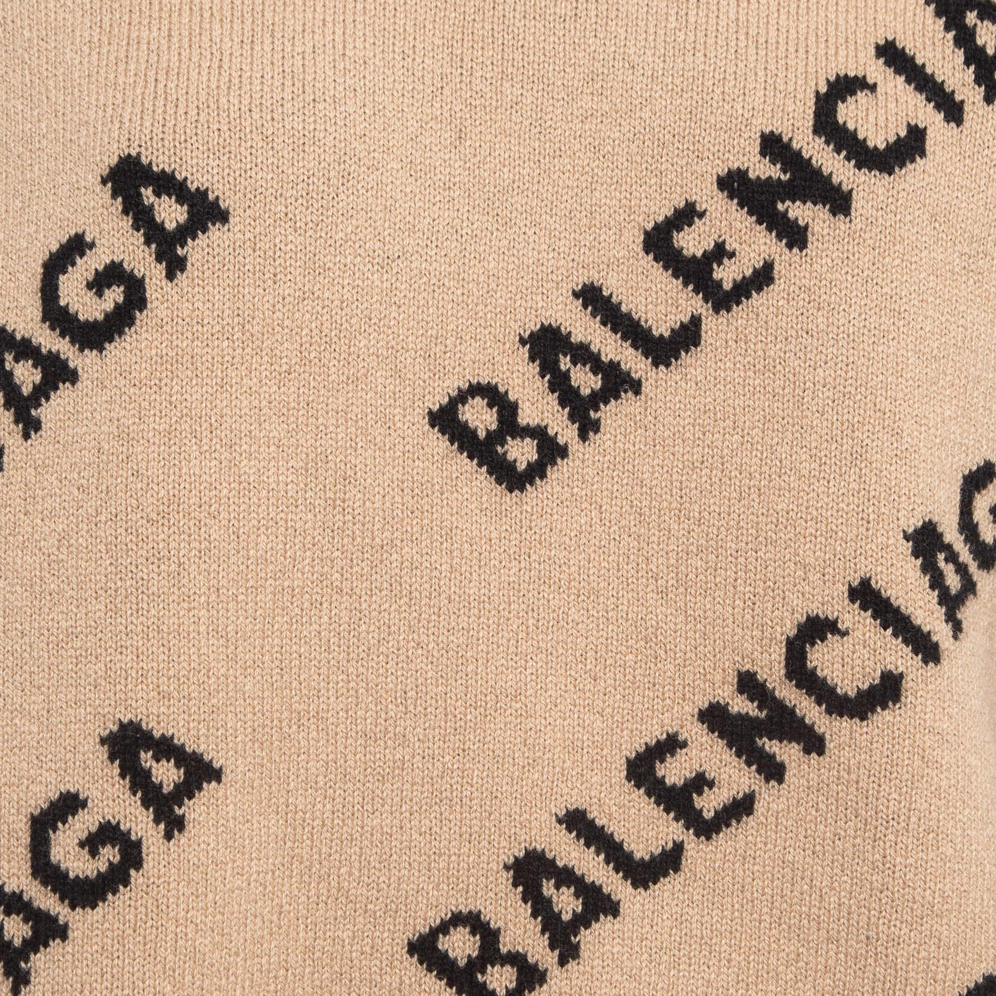 Balenciaga Brown All Over Logo Wool Knit Crew Neck Jumper M For Sale 3