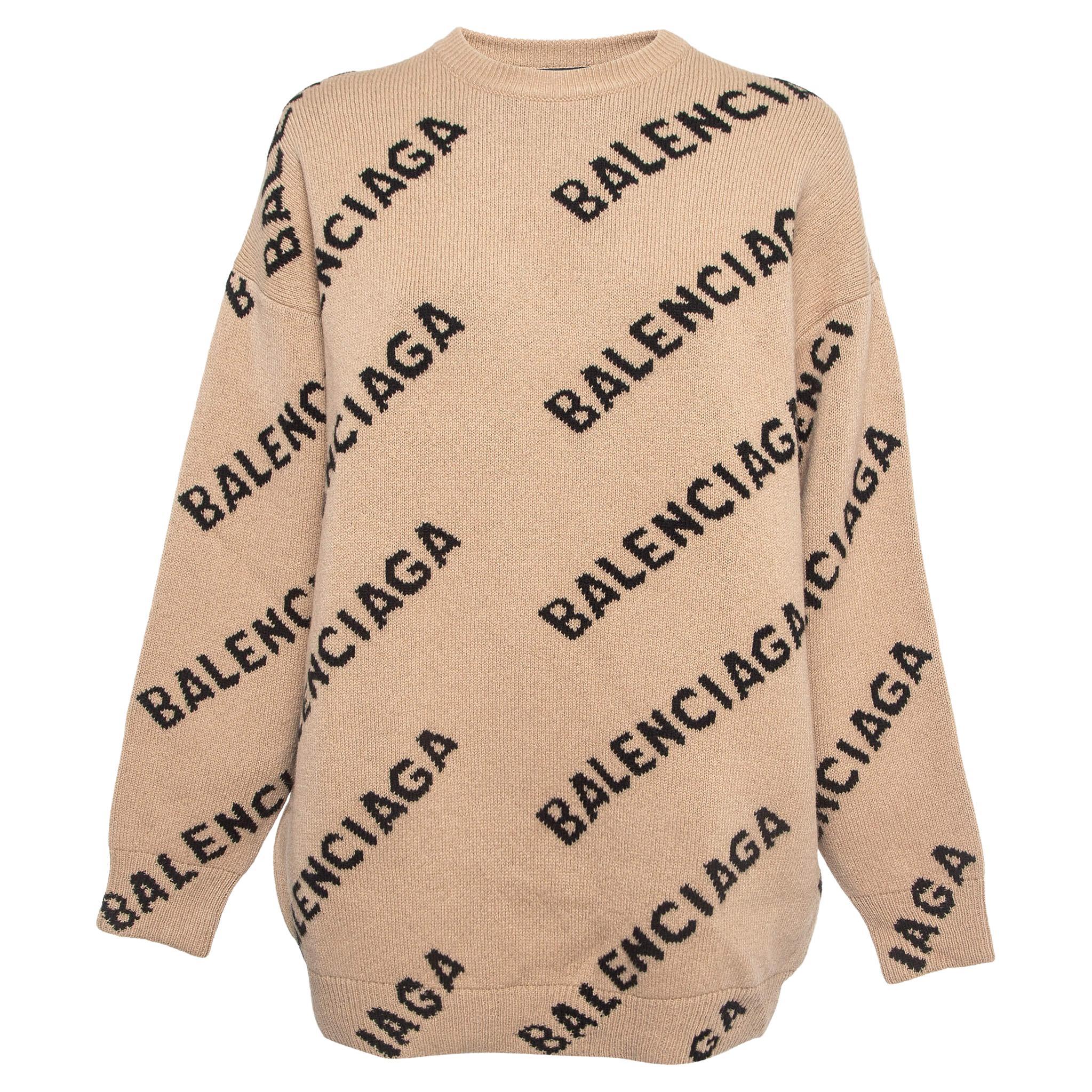 Balenciaga Brown All Over Logo Wool Knit Crew Neck Jumper M For Sale