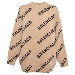 Balenciaga Brown All Over Logo Wool Knit Rundhalsausschnitt Pullover M