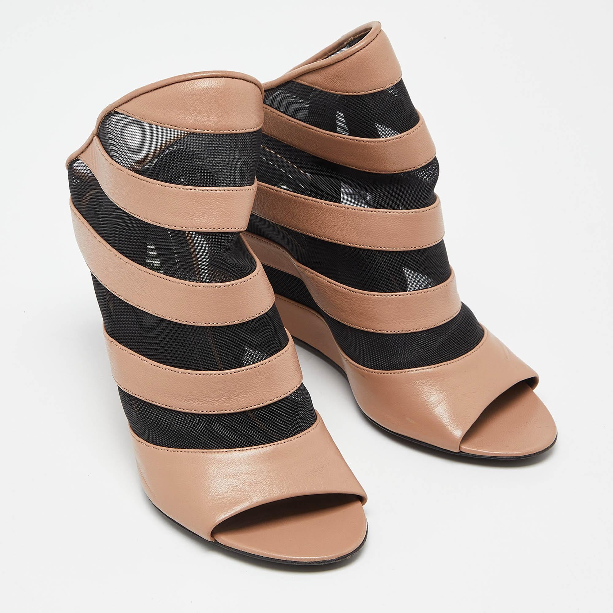 Women's Balenciaga Brown/Black Leather and Mesh Glove Wedge Open Toe Sandals Size 39