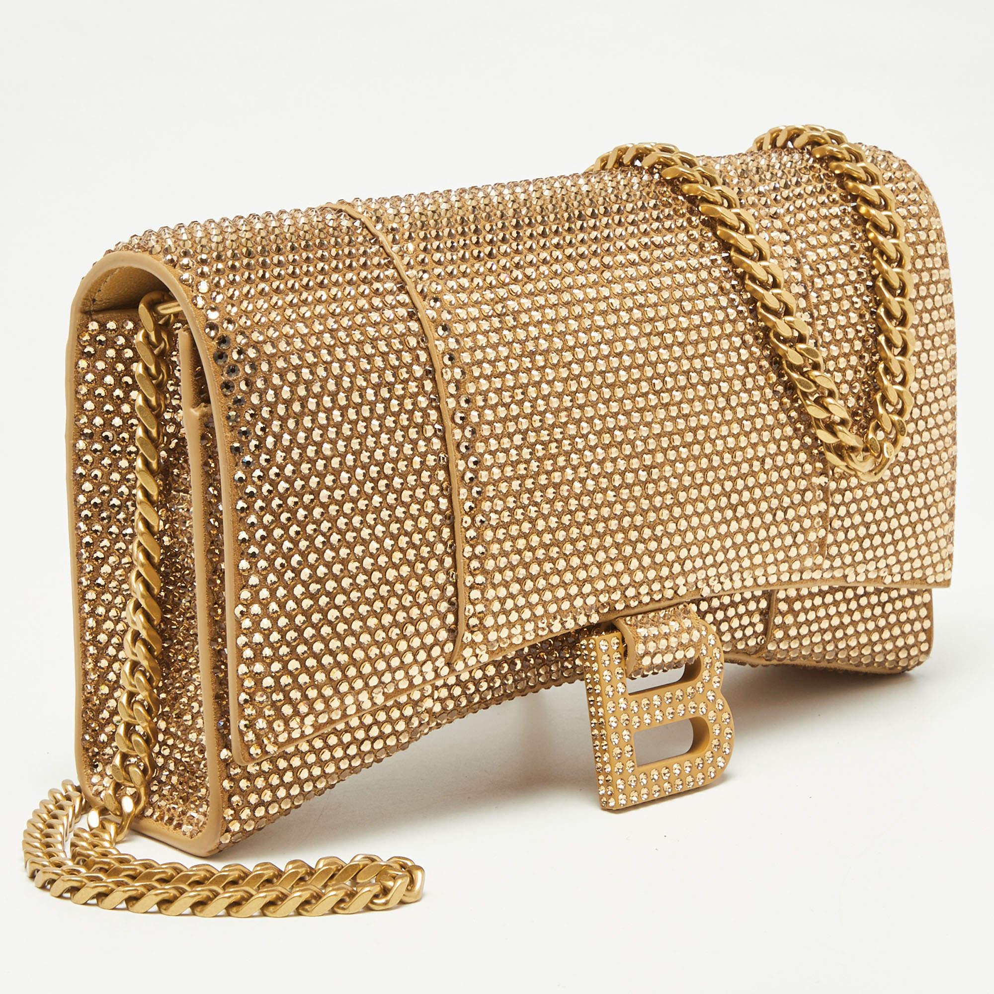 Women's Balenciaga Brown Crystal Embellished Suede Hourglass Wallet on Chain