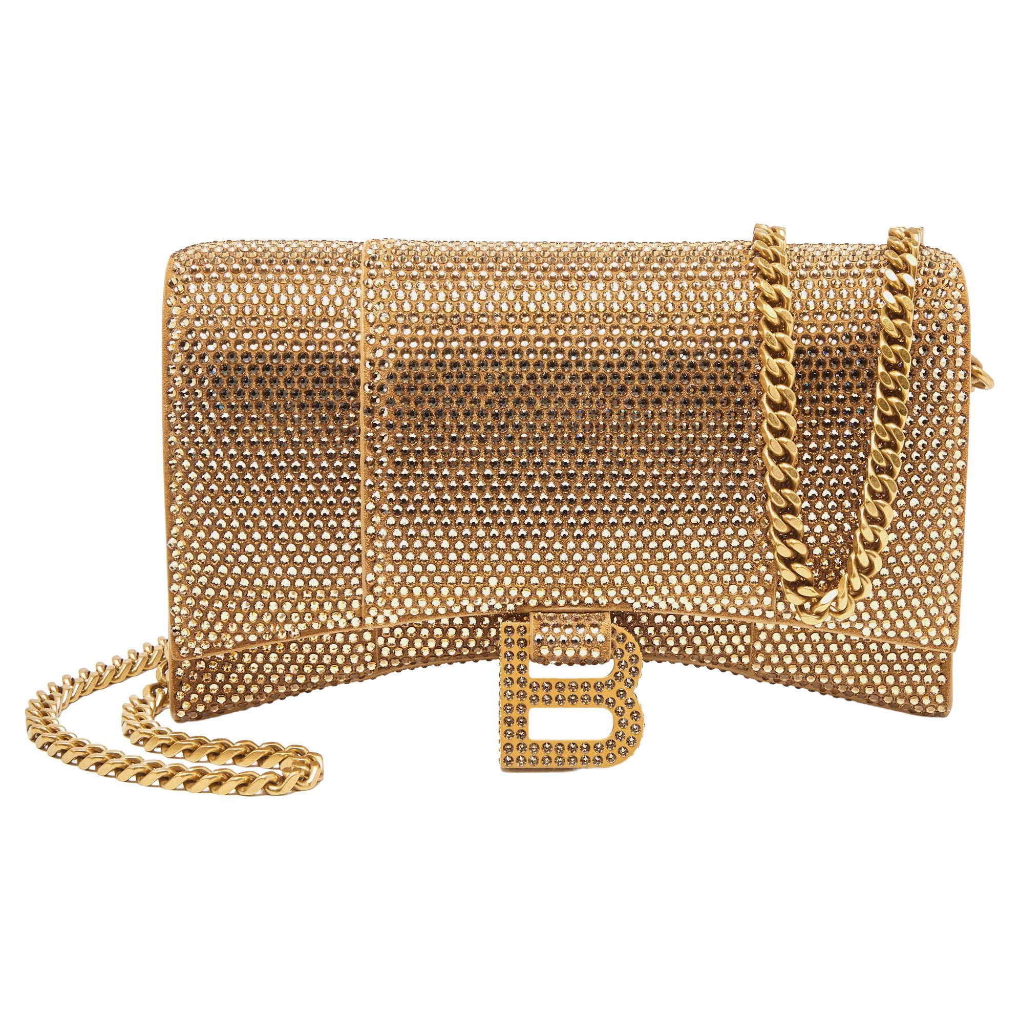 Balenciaga Brown Crystal Embellished Suede Hourglass Wallet on Chain
