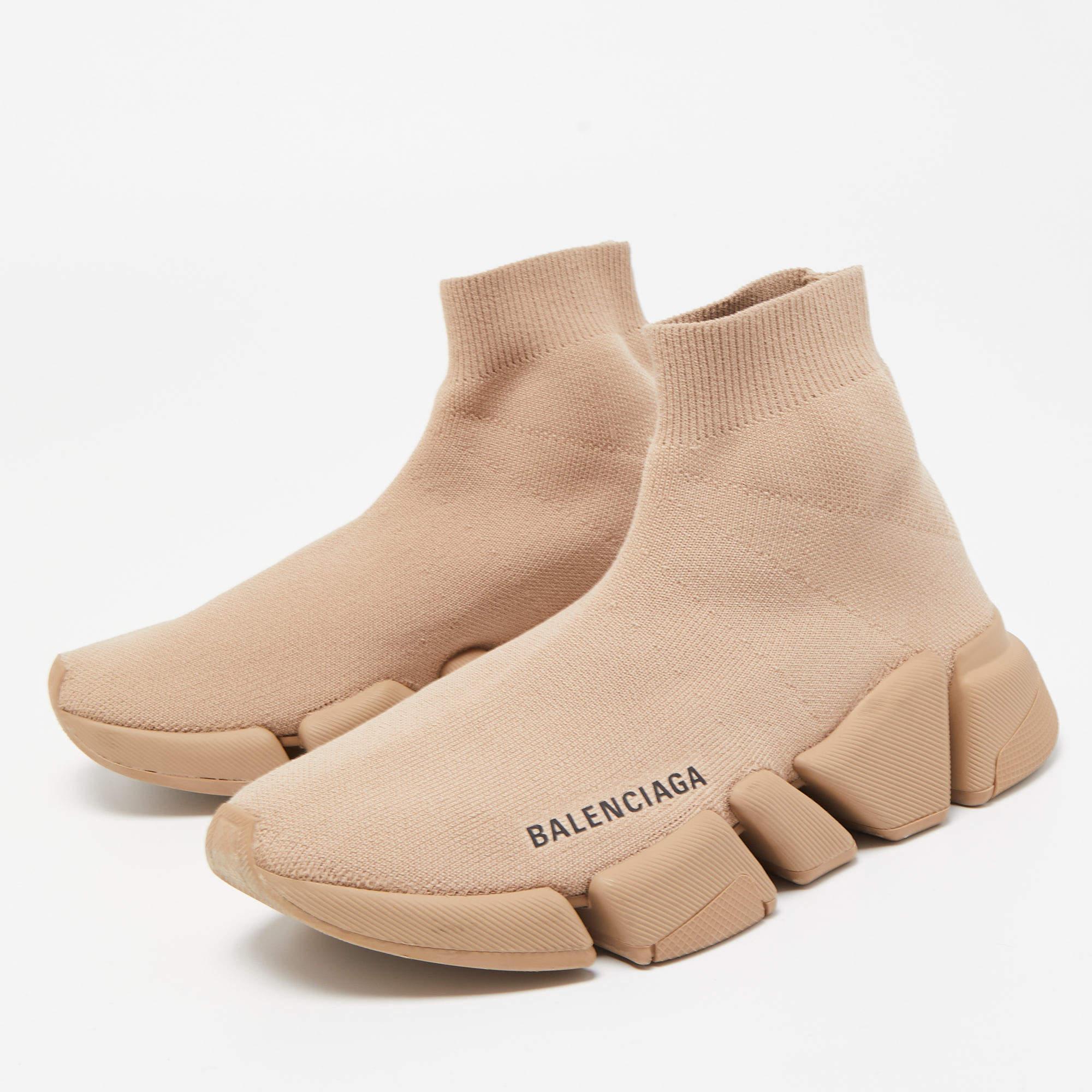 Balenciaga Brown Knit Fabric Speed Sneakers  For Sale 4