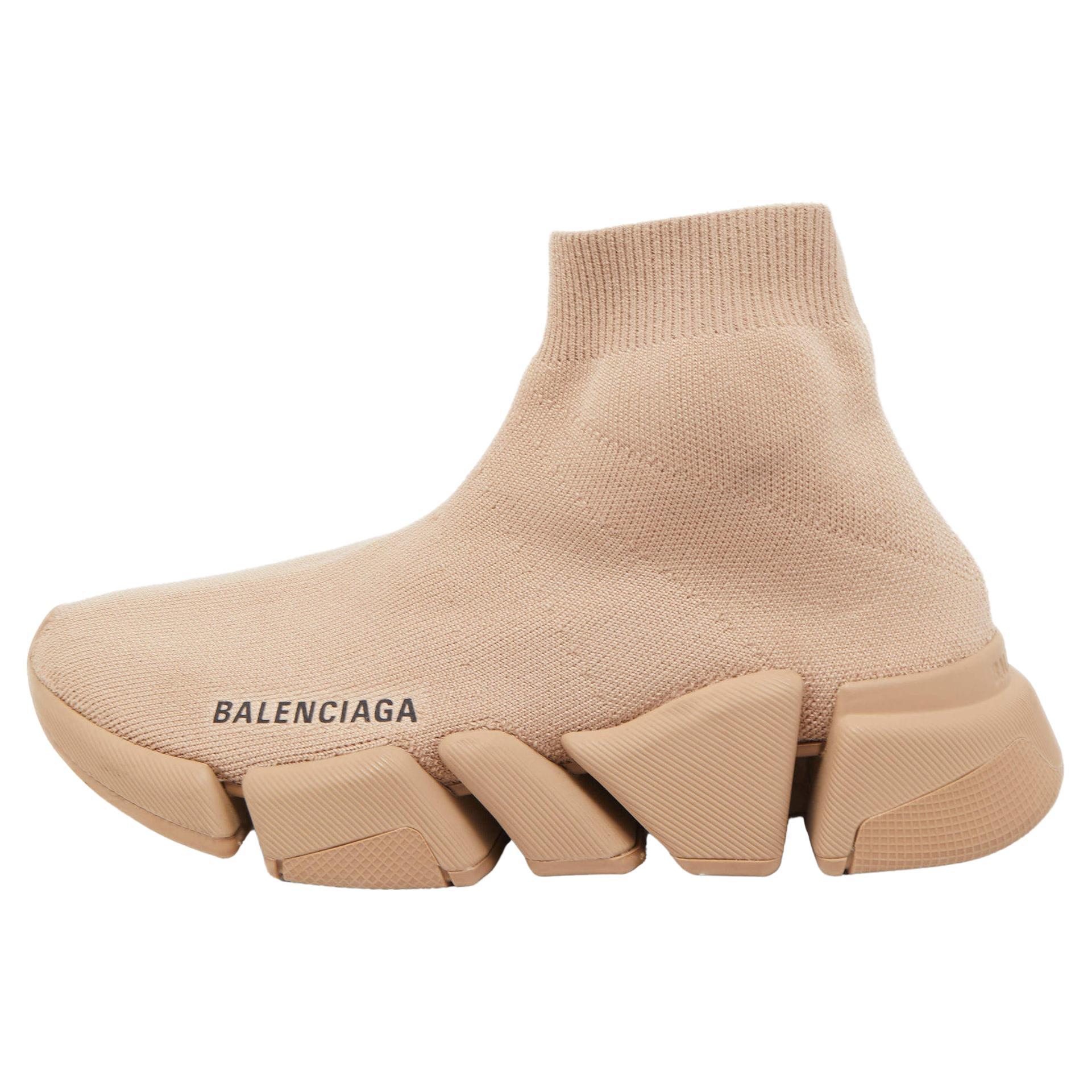 Balenciaga Brown Knit Fabric Speed Sneakers  For Sale