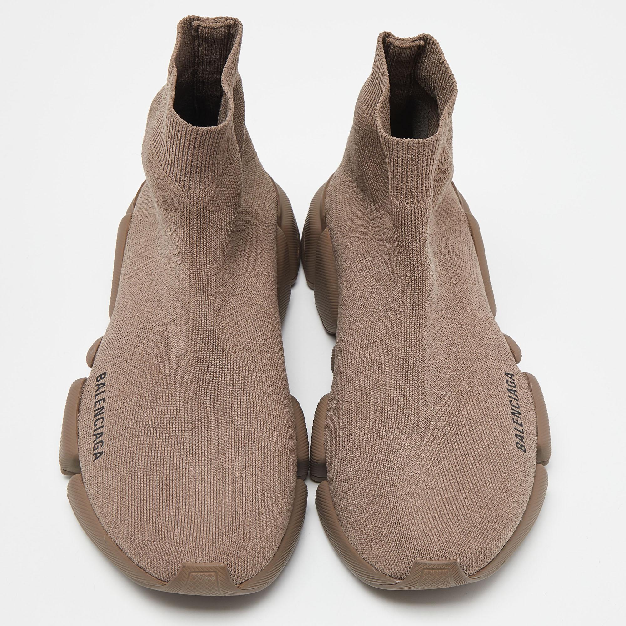 Balenciaga Brown Knit Fabric Speed Trainer High Top Sneakers Size 39 In Excellent Condition In Dubai, Al Qouz 2