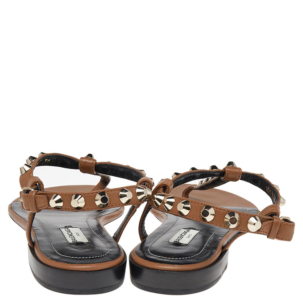 Women's Balenciaga Brown Leather Arena Studded Strappy Flat Thong Sandals Size 39