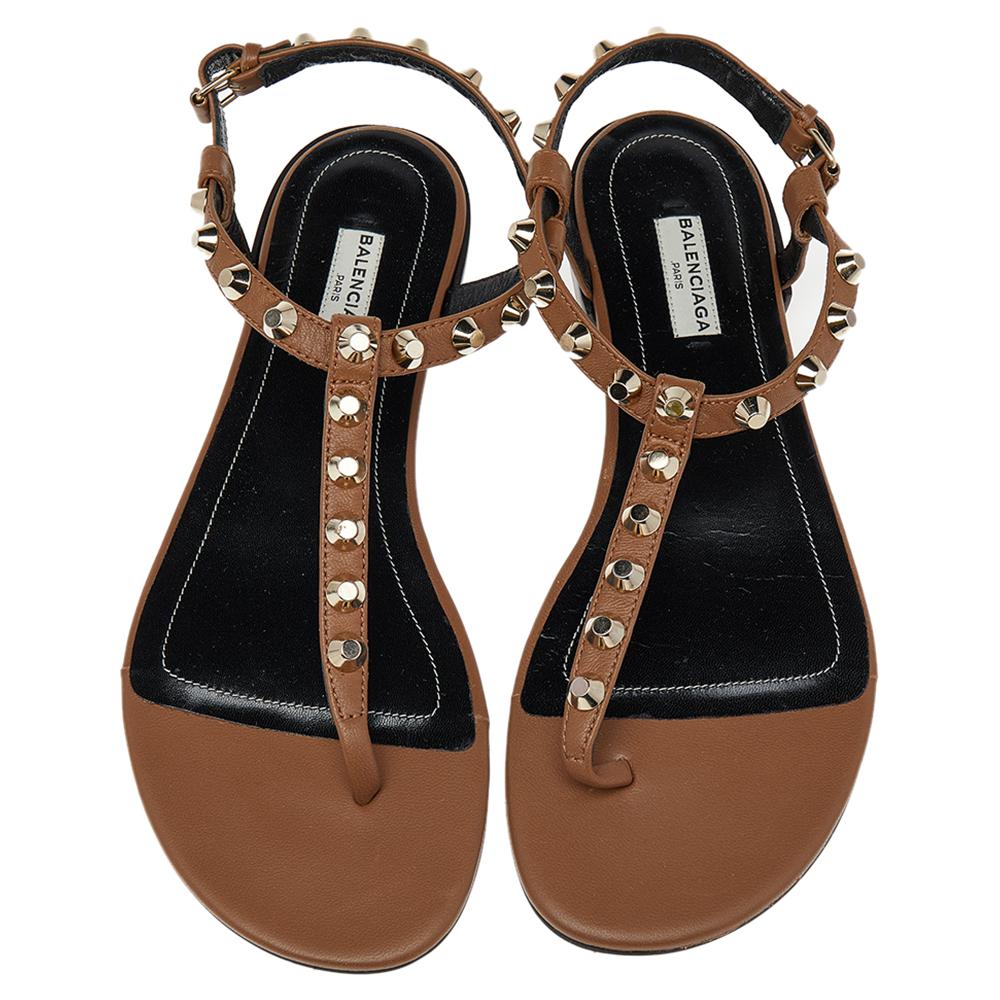Balenciaga Brown Leather Arena Studded Strappy Flat Thong Sandals Size 39 1