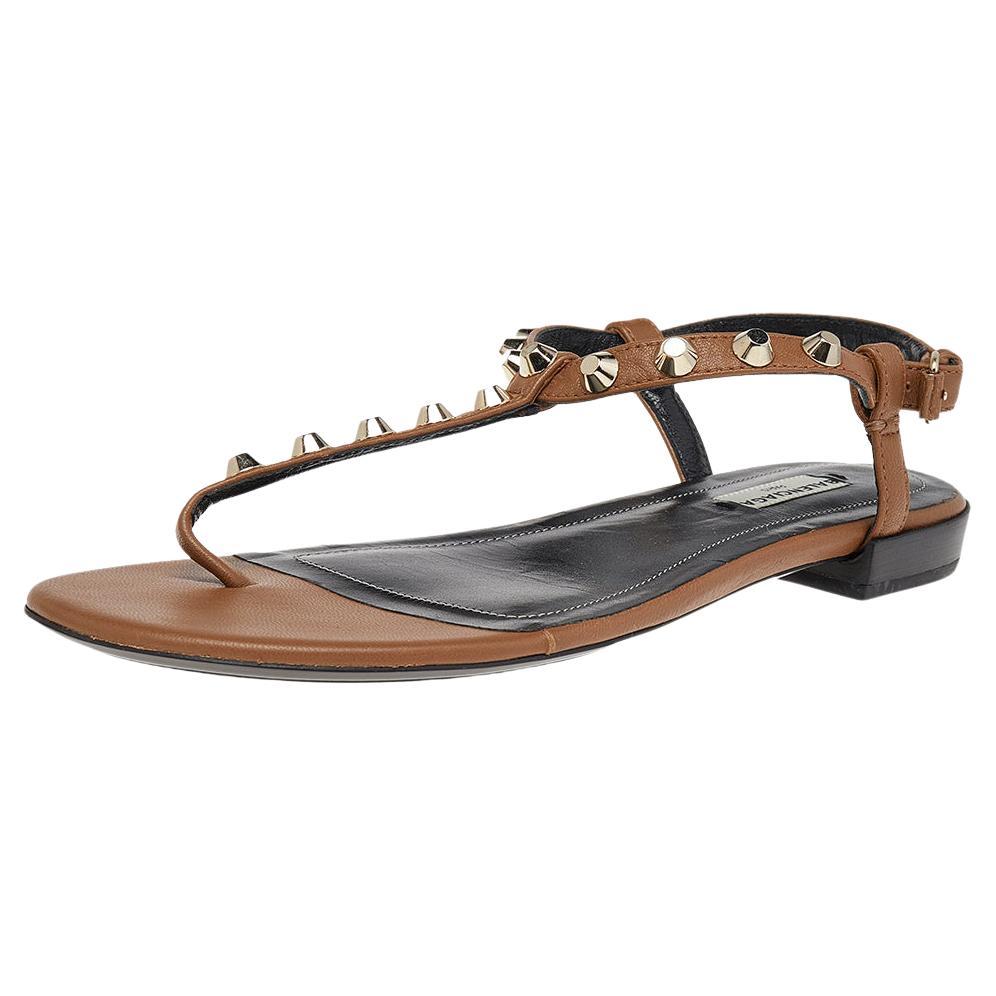 Balenciaga Brown Leather Arena Studded Strappy Flat Thong Sandals Size 39