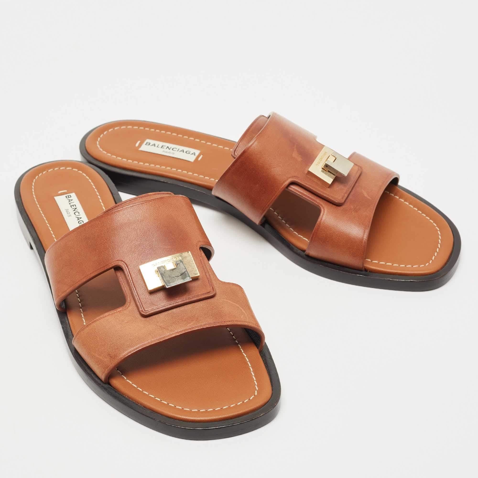 Balenciaga Brown Leather Flat Slides Size 40.5 1