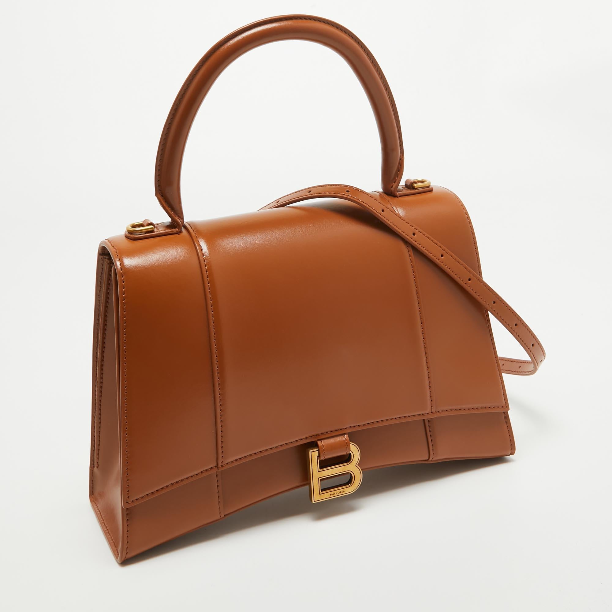 Balenciaga Brown Leather Medium Hourglass Top Handle Bag For Sale 4