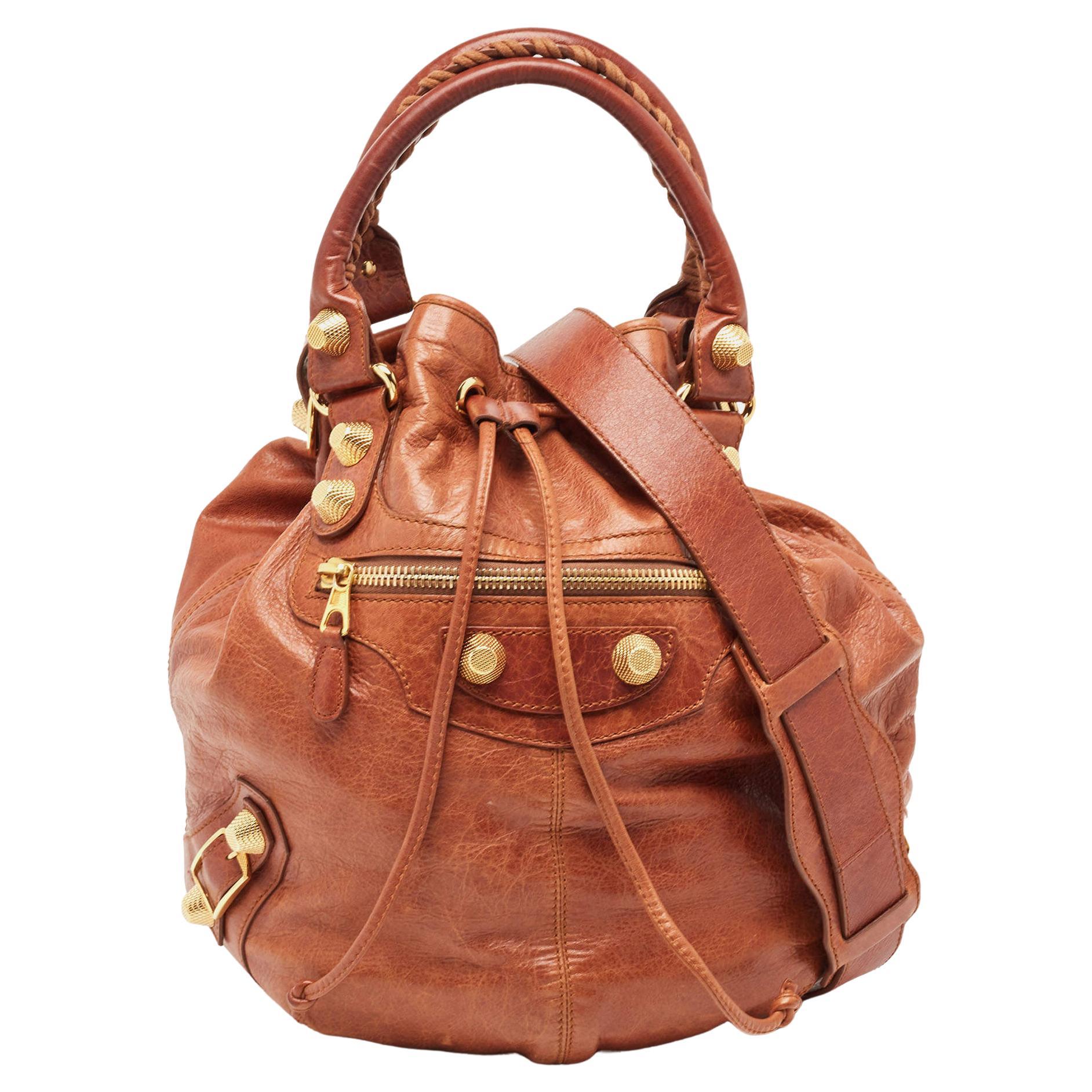 Balenciaga Brown Leather Mini GGH PomPon Bag For Sale