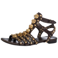 Balenciaga Brown Leather Studded Ankle Strap Flat Sandals Size 39.5