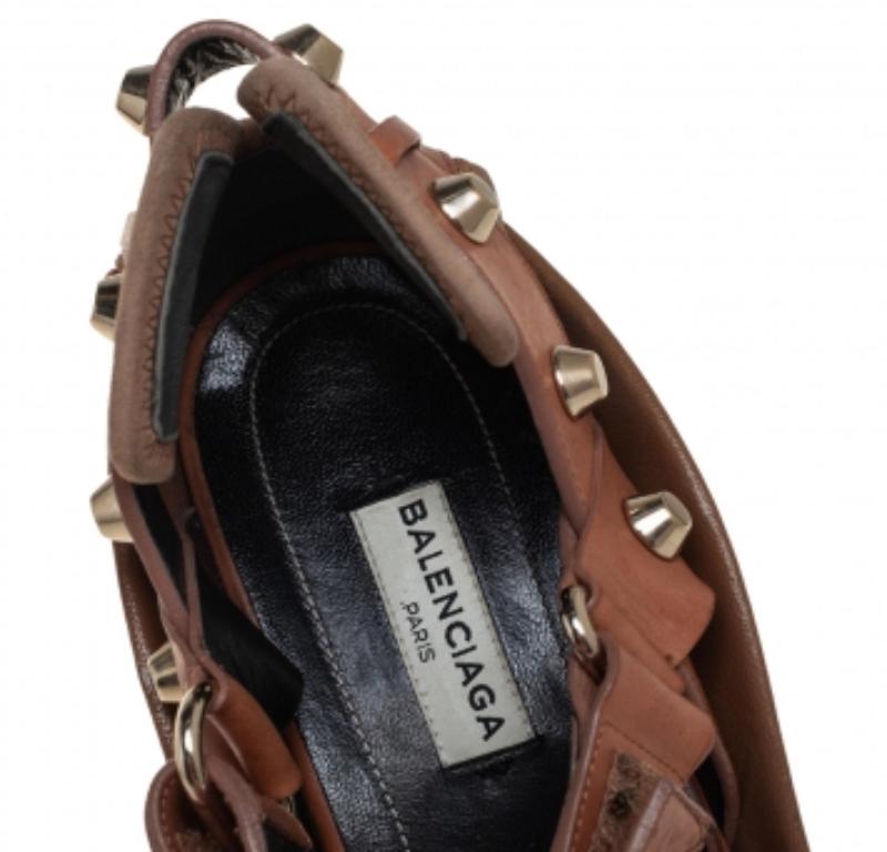 Women's Balenciaga Brown Leather Wedge Ankle Strap Sandals Size 38.5 For Sale
