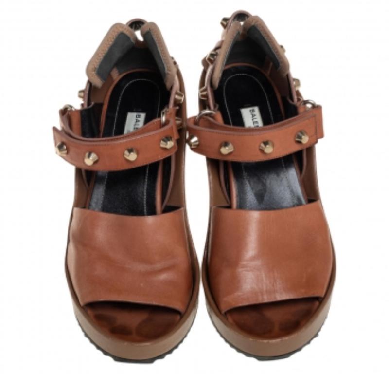 Balenciaga Brown Leather Wedge Ankle Strap Sandals Size 38.5 For Sale 1