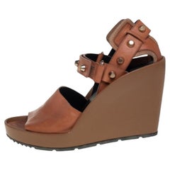 Balenciaga Brown Leather Wedge Ankle Strap Sandals Size 38.5