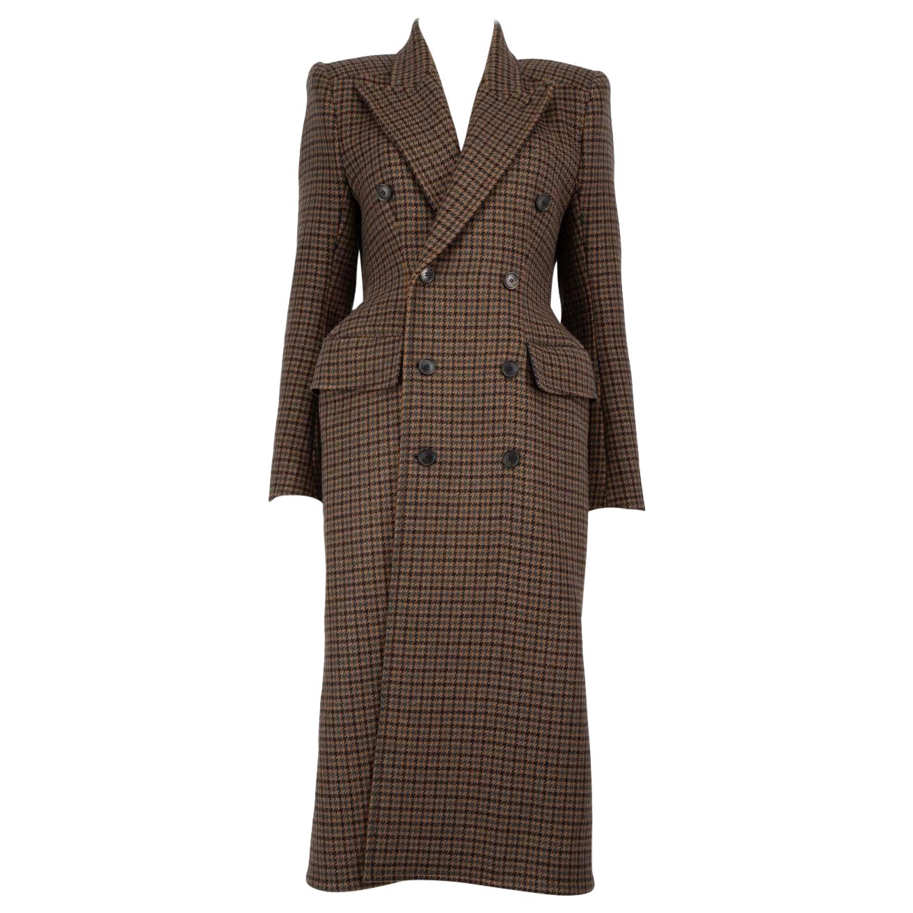 Balenciaga Brown Wool Houndstooth Long Coat Size L