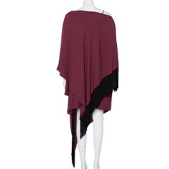Balenciaga Burgundy Crepe Fringed Cape Detail Asymmetric Hem Midi Dress L
