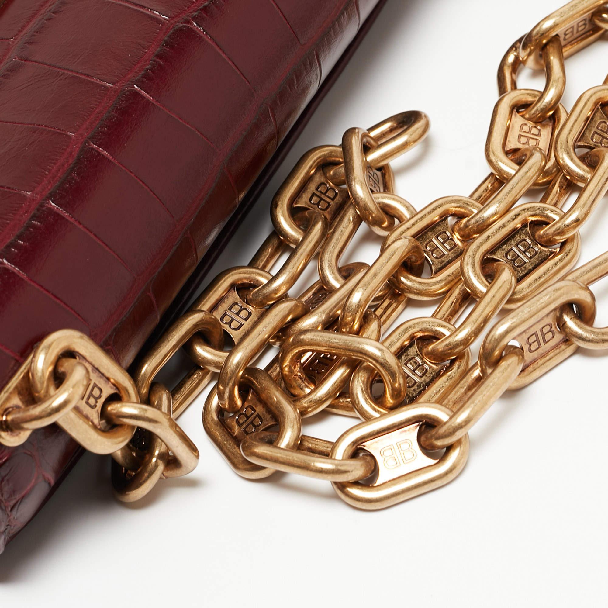 Balenciaga Burgundy Croc Embossed Leather Gossip Wallet On Chain 7