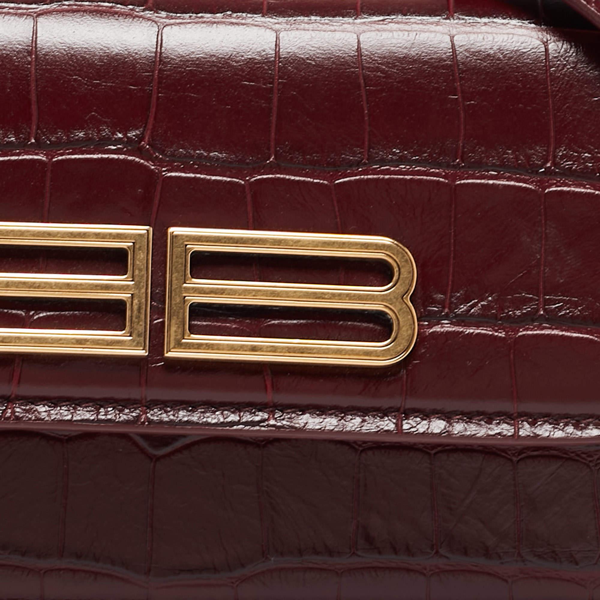 Balenciaga Burgundy Croc Embossed Leather Gossip Wallet On Chain 9