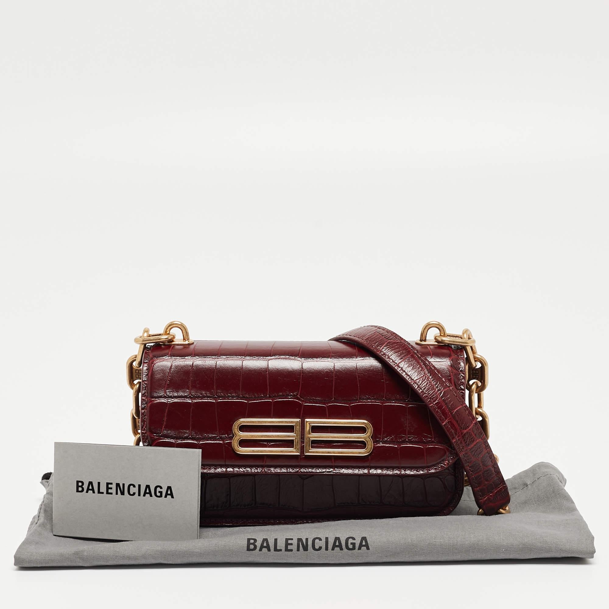 Balenciaga Burgundy Croc Embossed Leather Gossip Wallet On Chain 13