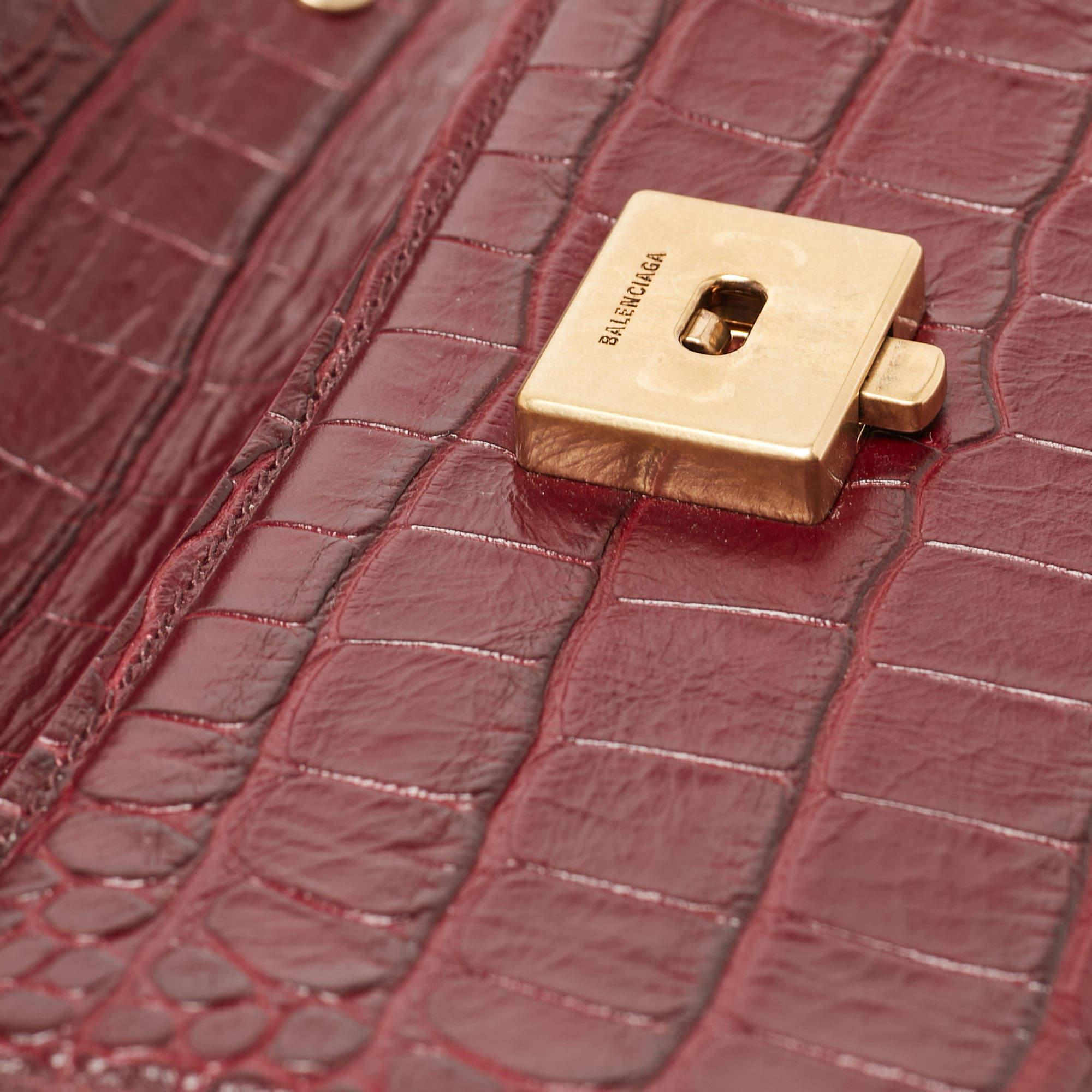 Balenciaga Burgundy Croc Embossed Leather Gossip Wallet On Chain 4