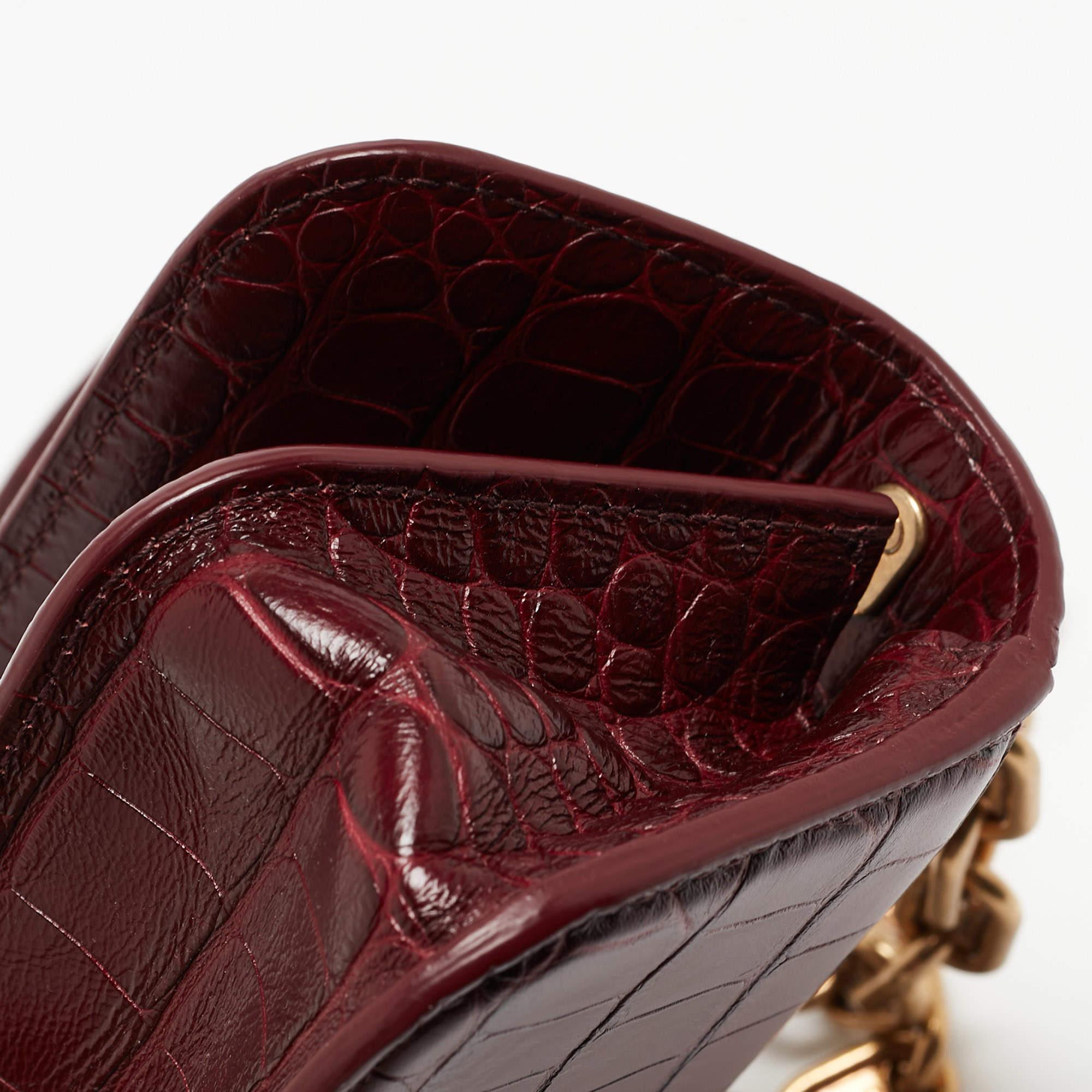 Balenciaga Burgundy Croc Embossed Leather Gossip Wallet On Chain 5