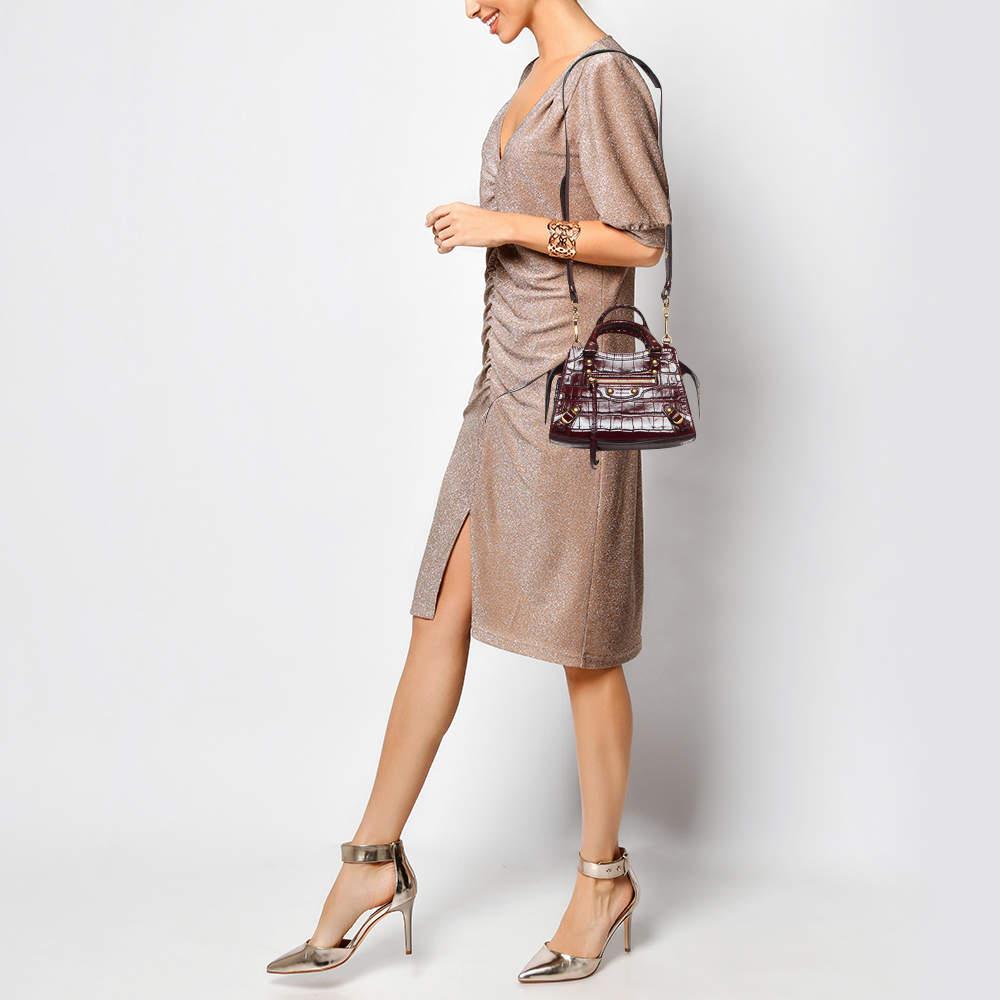 Balenciaga Burgundy Croc Embossed Leather Mini Neo Classic Bag In Excellent Condition In Dubai, Al Qouz 2