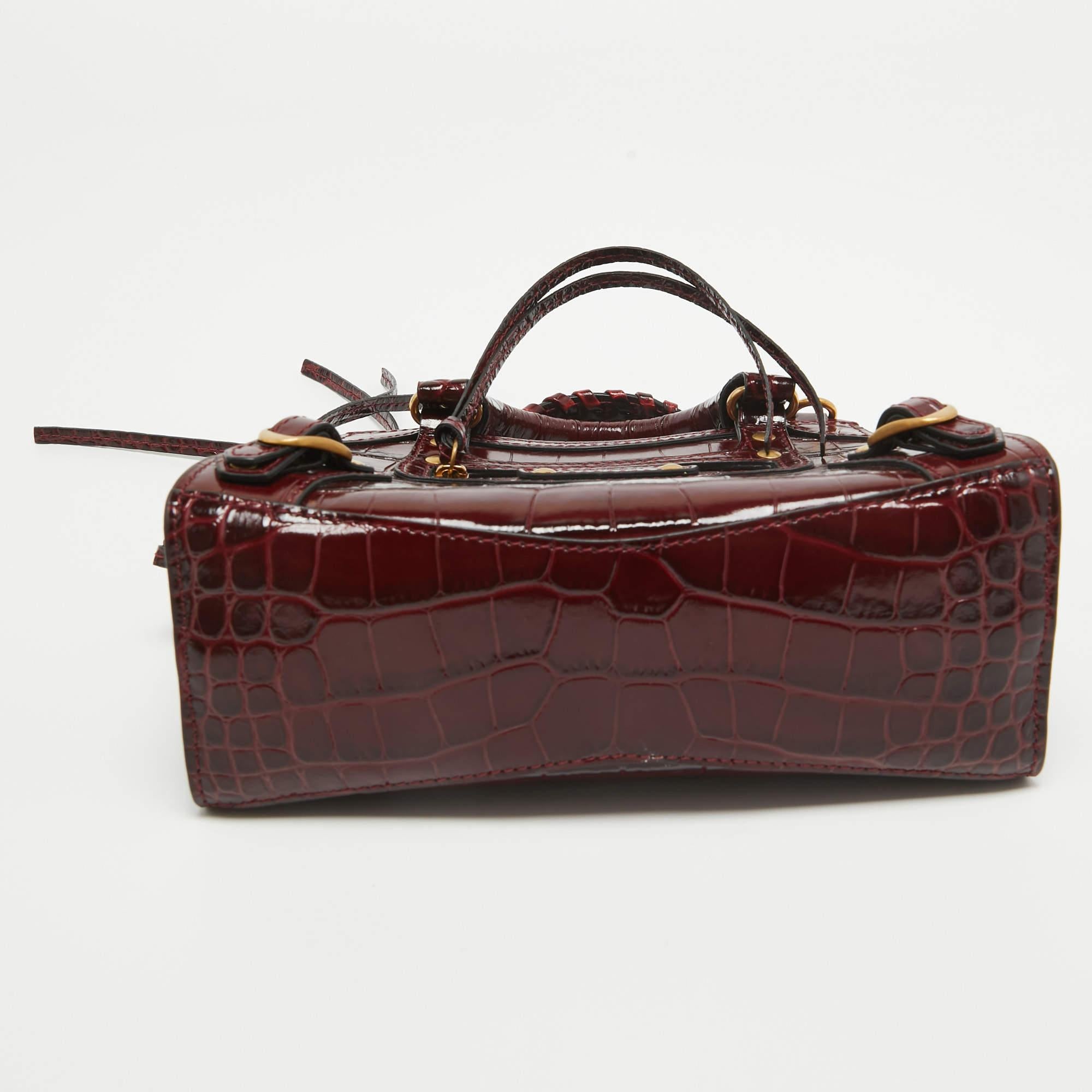 Balenciaga Burgundy Croc Embossed Leather Mini Neo Classic Bag 1