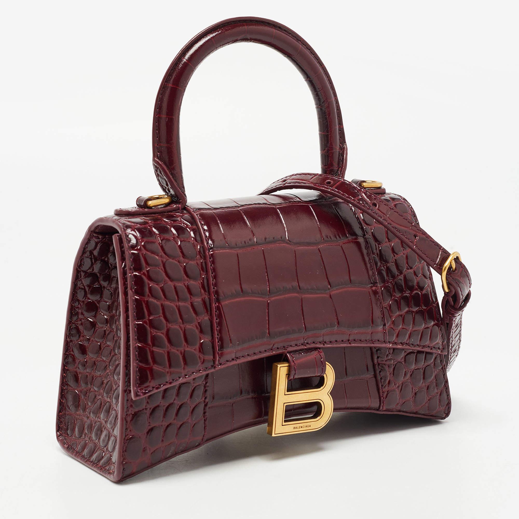 Women's Balenciaga Burgundy Croc Embossed Leather XS Hourglass Top Handle Bag