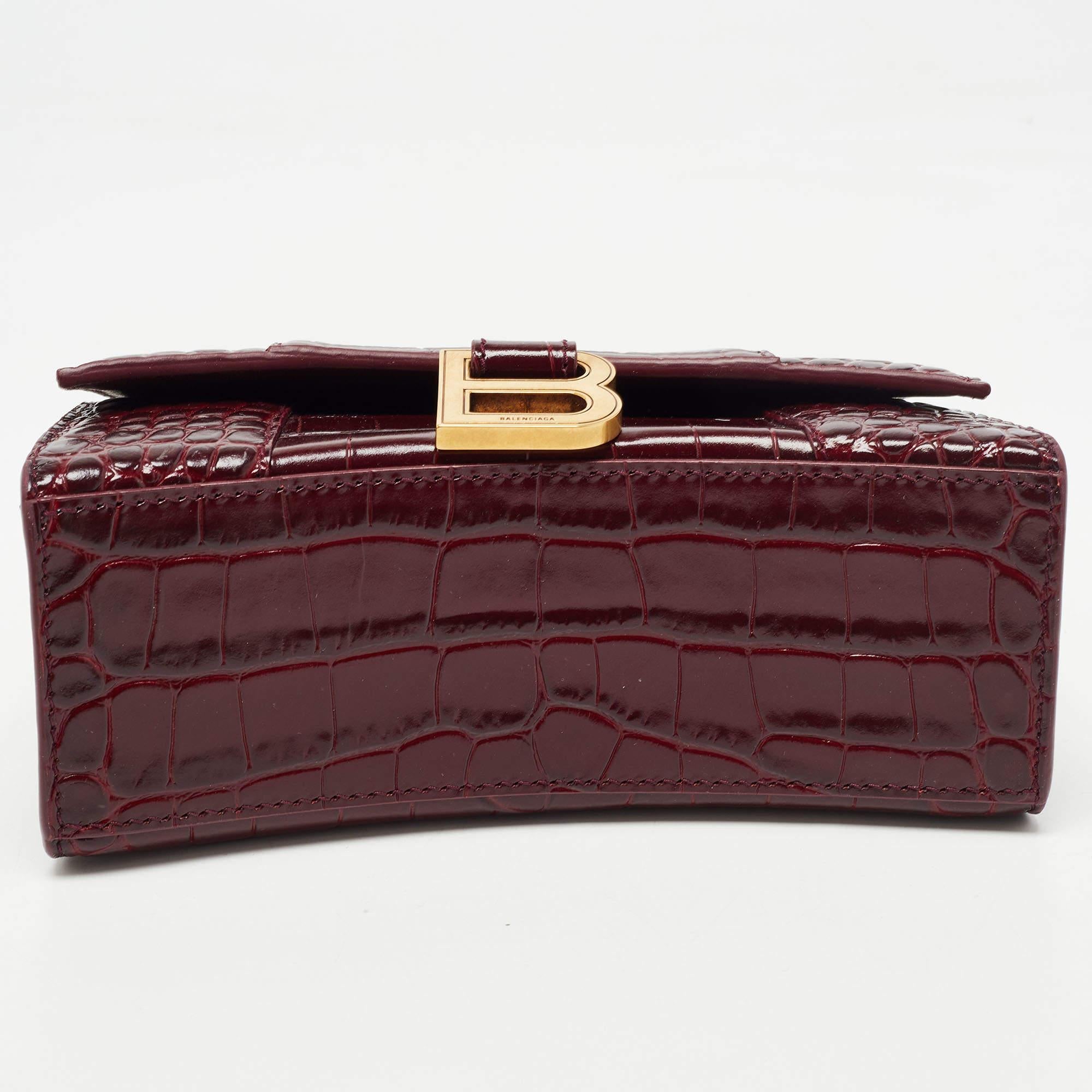 Balenciaga Burgundy Croc Embossed Leather XS Hourglass Top Handle Bag 1
