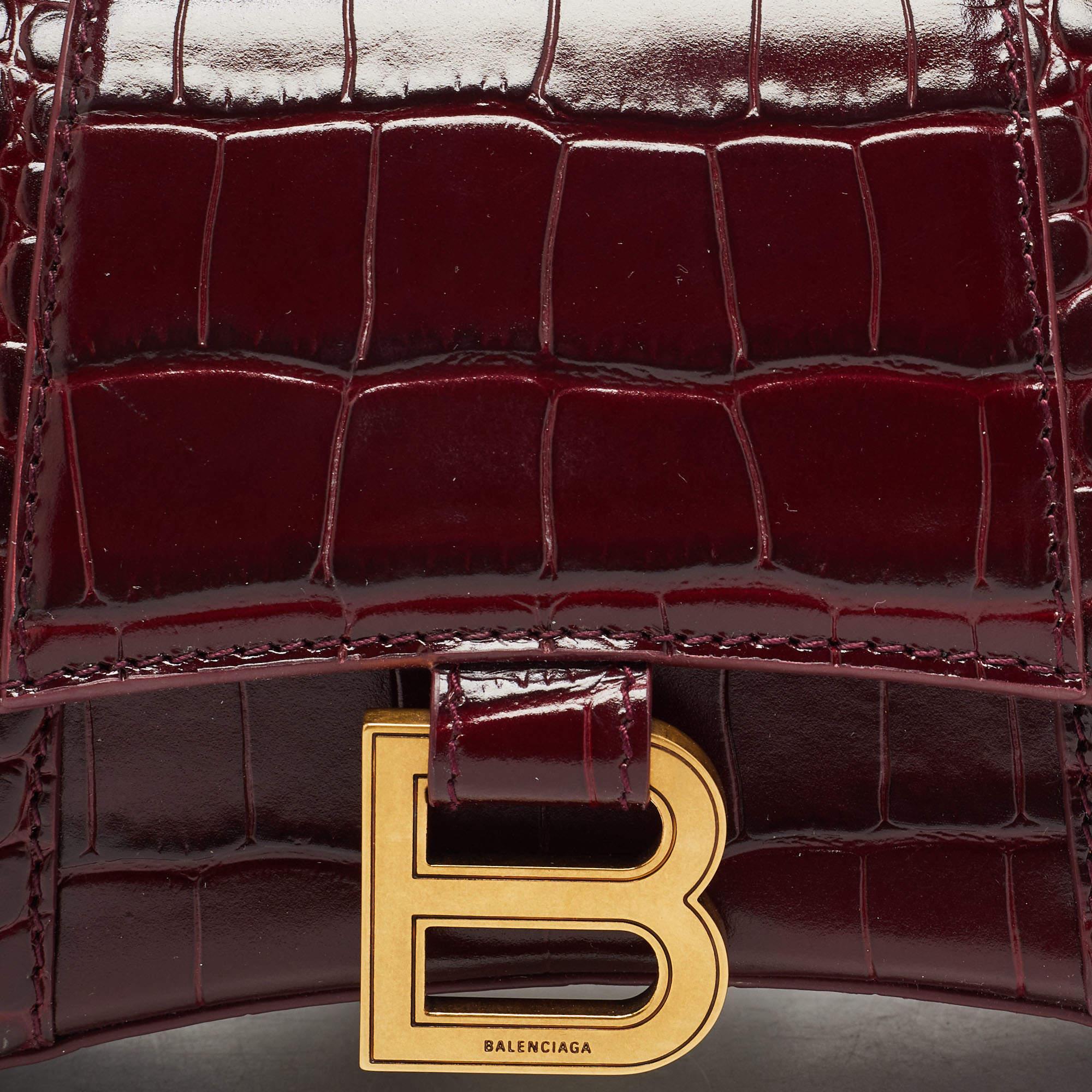 Balenciaga Burgundy Croc Embossed Leather XS Hourglass Top Handle Bag 2