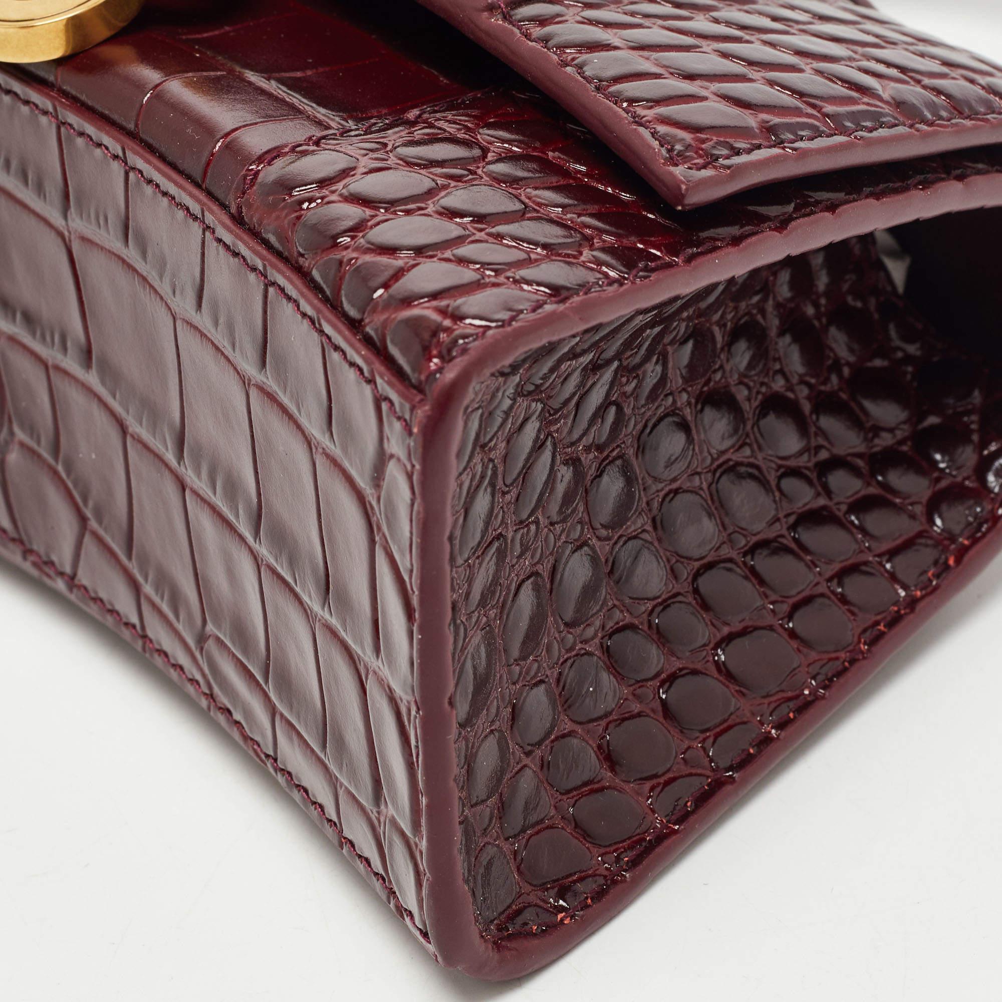 Balenciaga Burgundy Croc Embossed Leather XS Hourglass Top Handle Bag 3