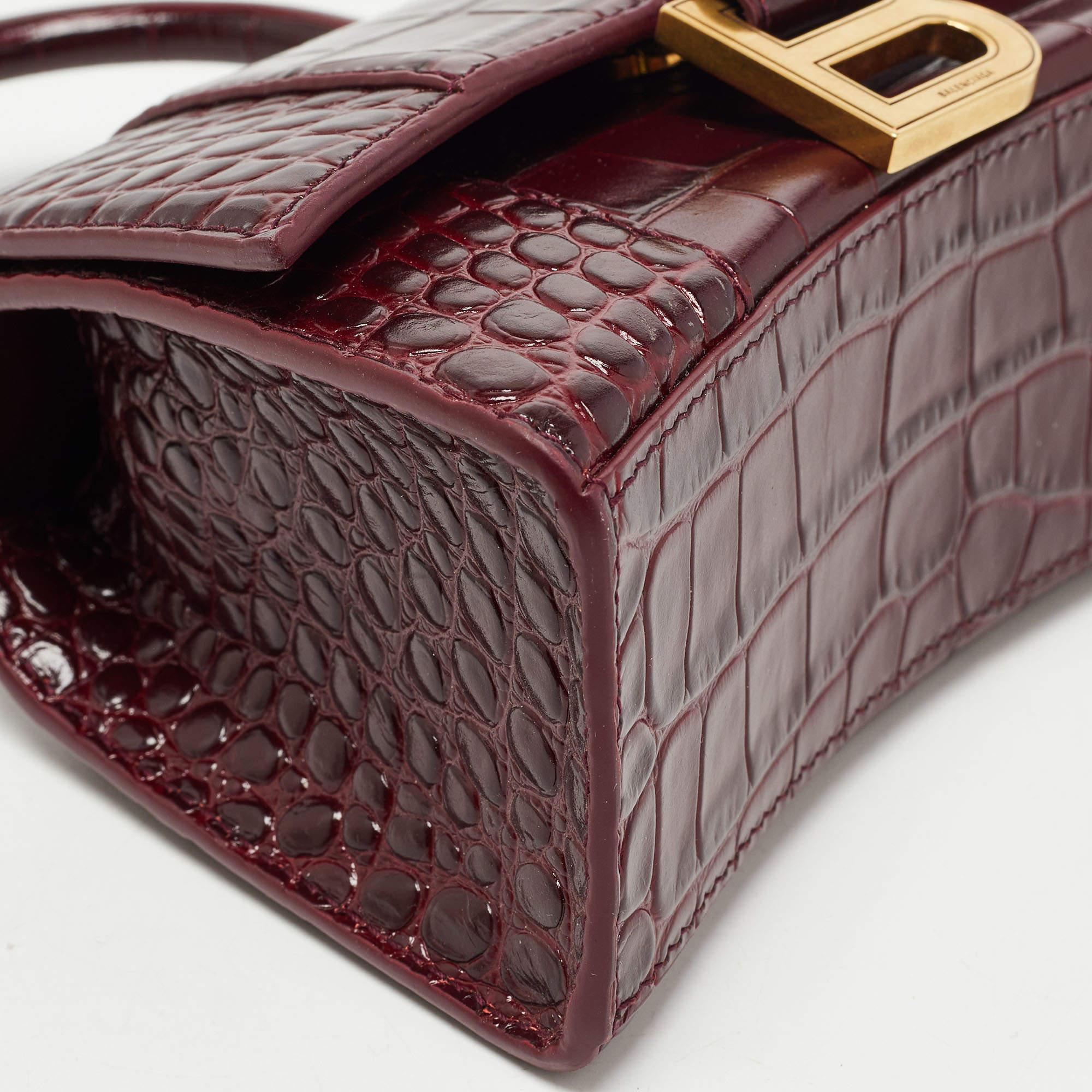 Balenciaga Burgundy Croc Embossed Leather XS Hourglass Top Handle Bag 4