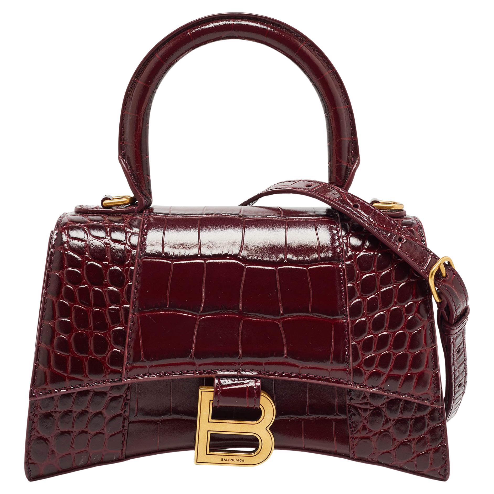 Balenciaga Burgundy Croc Embossed Leather XS Hourglass Top Handle Bag