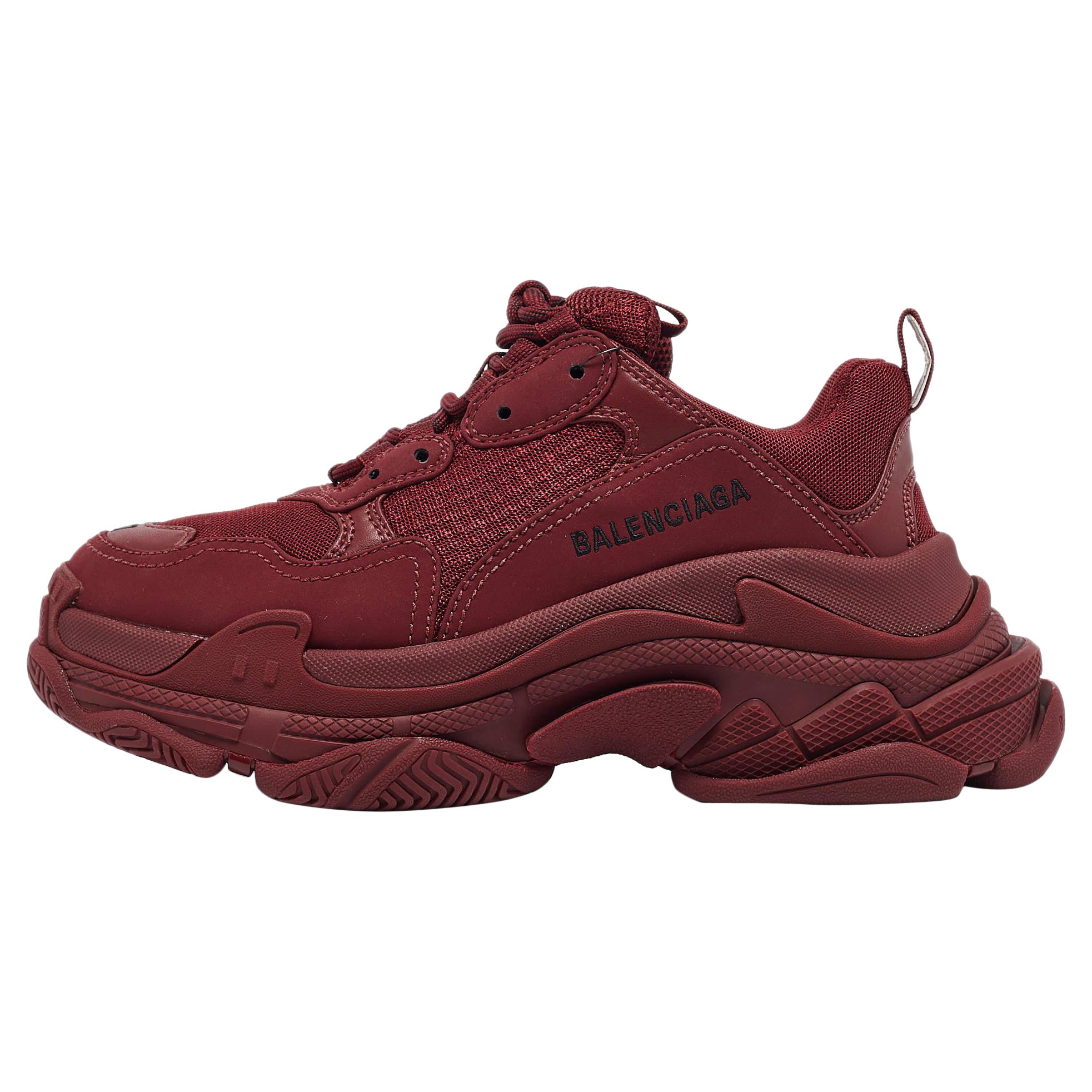 Balenciaga Burgundy Faux Leather and Mesh Triple S Sneakers Size 37