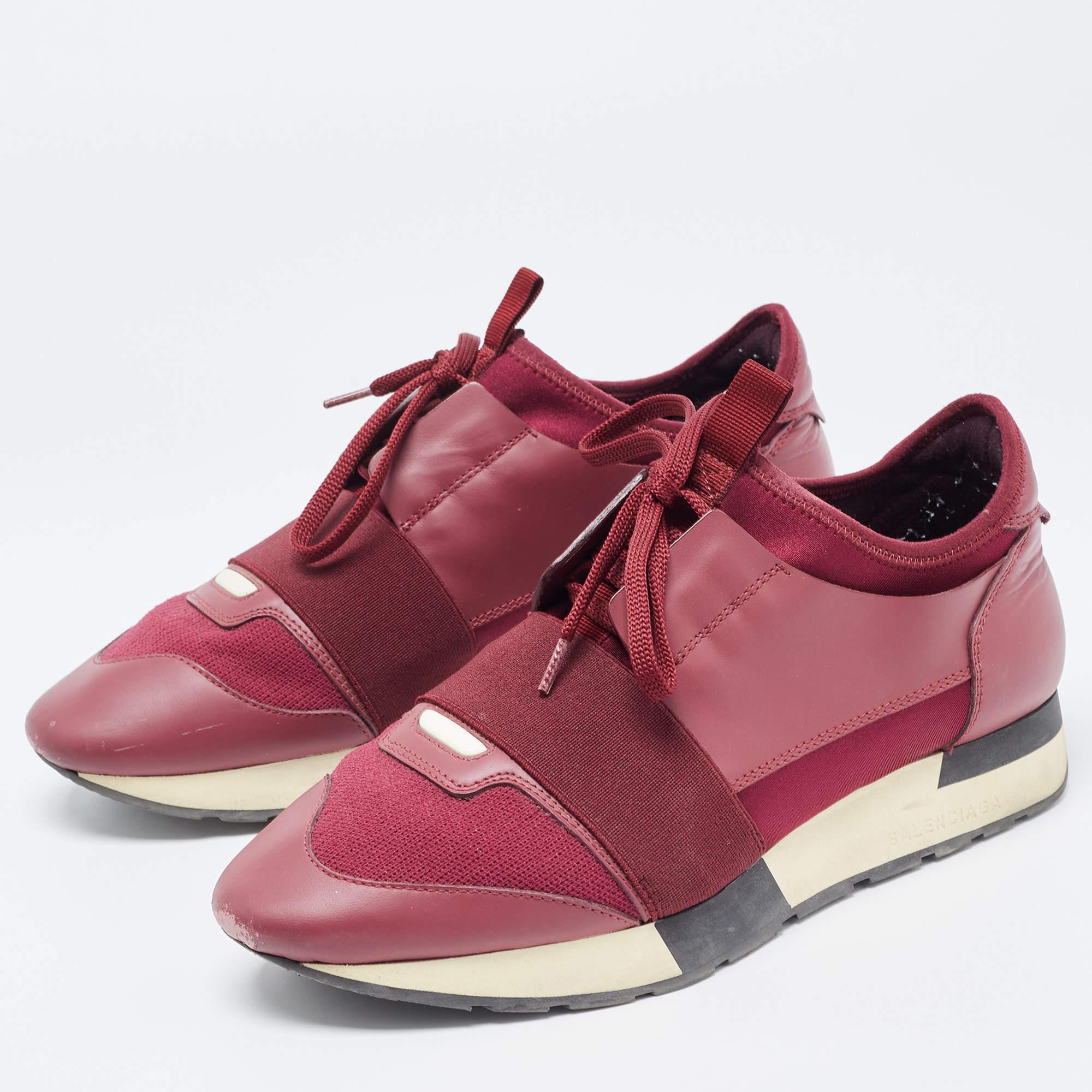 Balenciaga Burgundy Leather and Fabric Race Runner Sneakers Size 39 In Good Condition In Dubai, Al Qouz 2