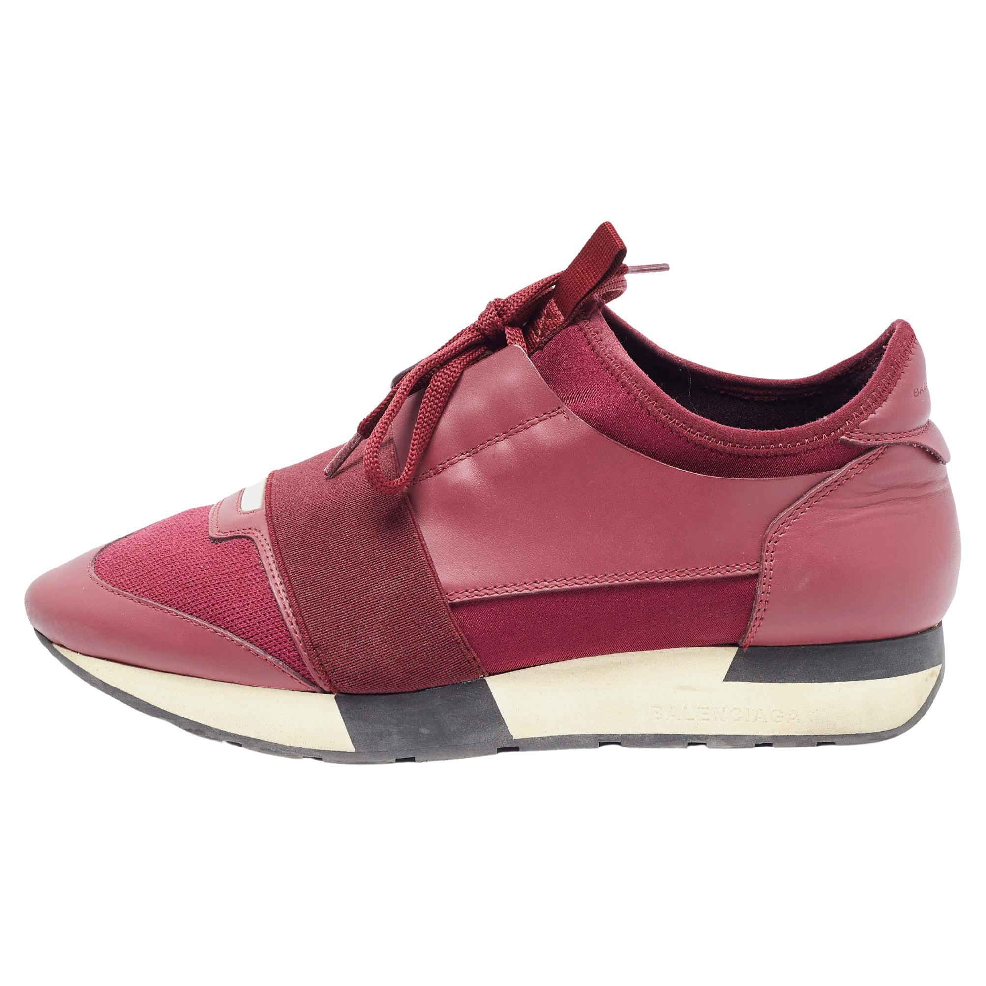 Balenciaga Burgundy Leather and Fabric Race Runner Sneakers Size 39 For Sale