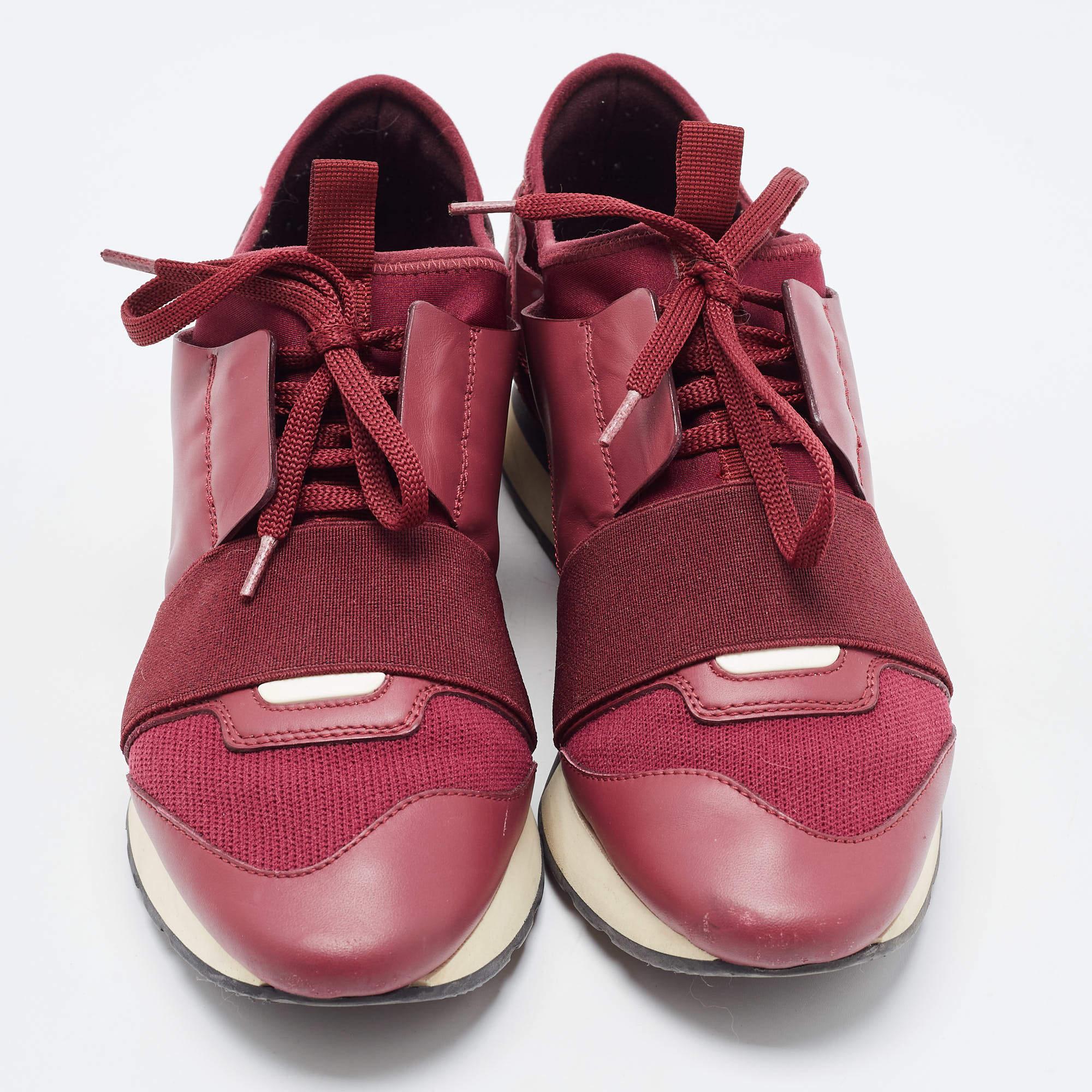 Balenciaga Burgundy Leather and Mesh Race Runner Sneakers Size 37 In Good Condition For Sale In Dubai, Al Qouz 2