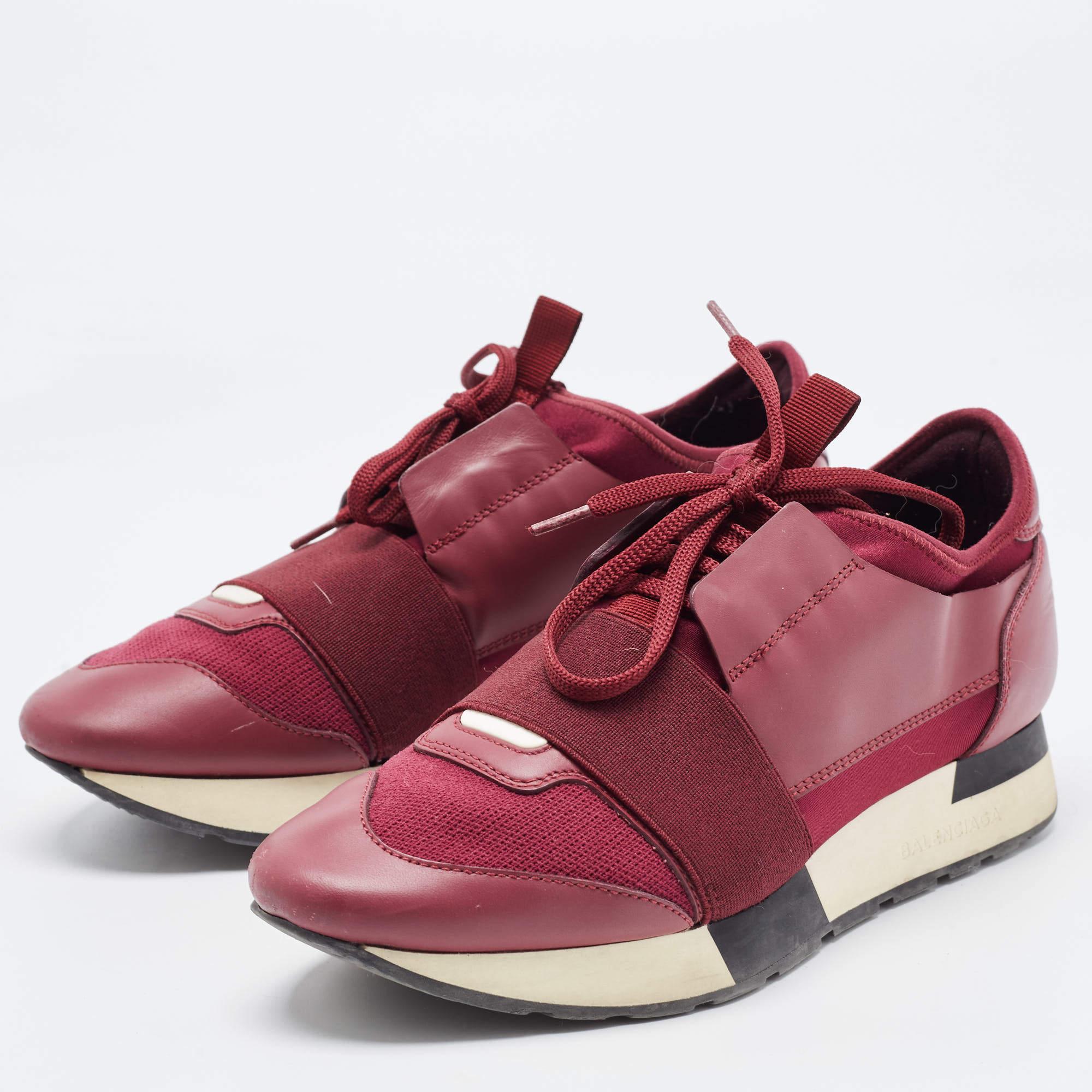 Balenciaga Burgundy Leather and Mesh Race Runner Sneakers Size 37 In Good Condition In Dubai, Al Qouz 2