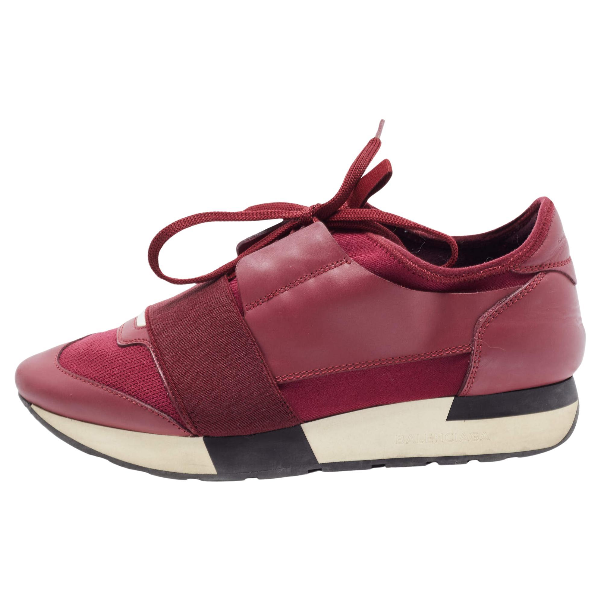 Balenciaga Burgundy Leather and Mesh Race Runner Sneakers Size 37 For Sale