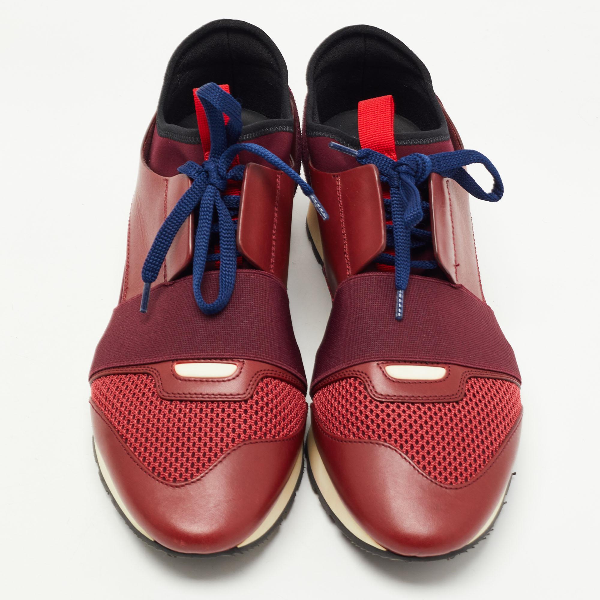 Let your latest shoe addition be this pair of Race Runners sneakers from Balenciaga. These burgundy sneakers have been crafted from suede along with leather and feature a chic silhouette. They flaunt covered toes, strap detailing on the vamps, and