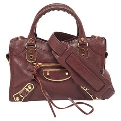Balenciaga Burgundy Leather Mini Classic Metallic Edge City Bag