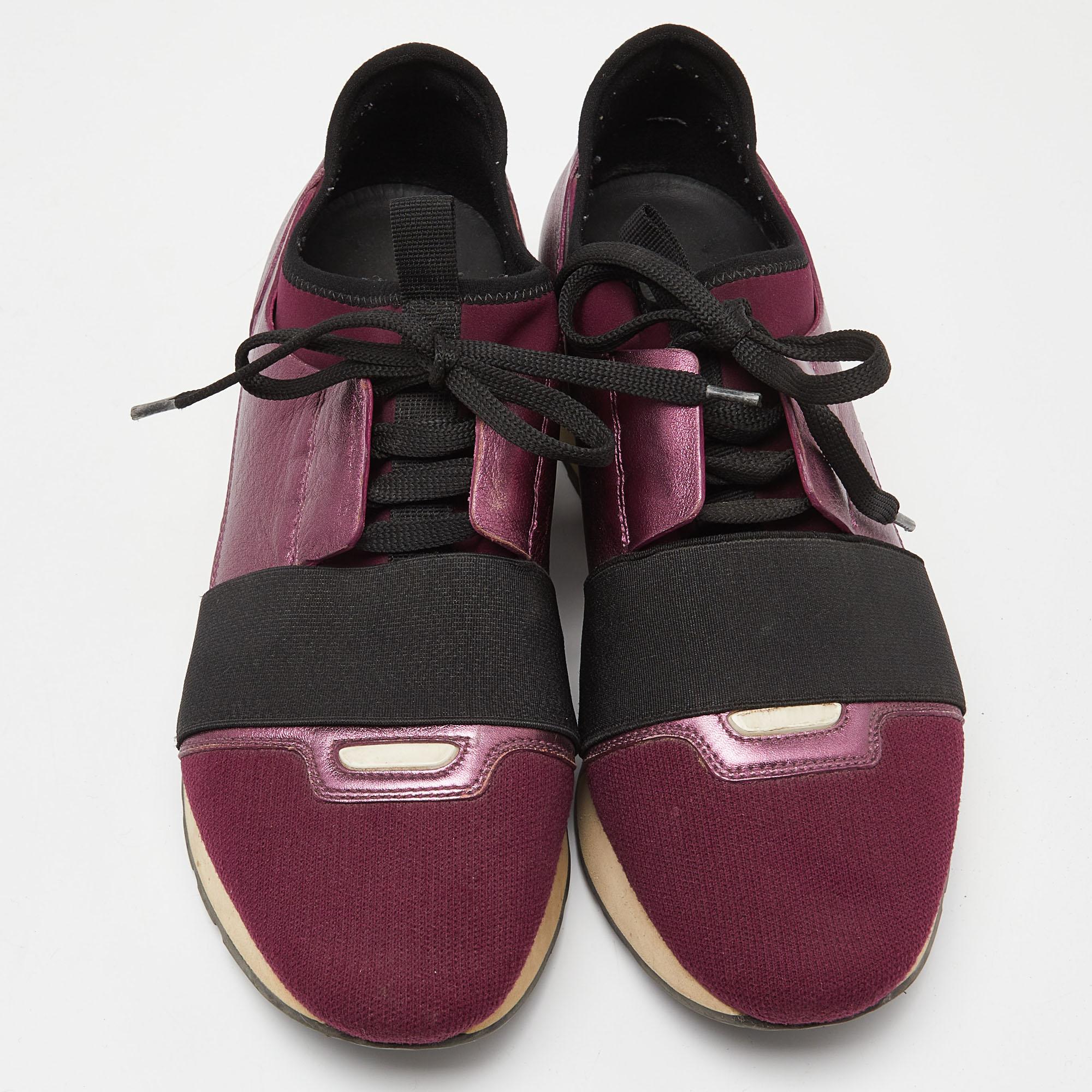 Black Balenciaga Burgundy Leather, Neoprene and Fabric Race Runner Sneakers Size 39 For Sale