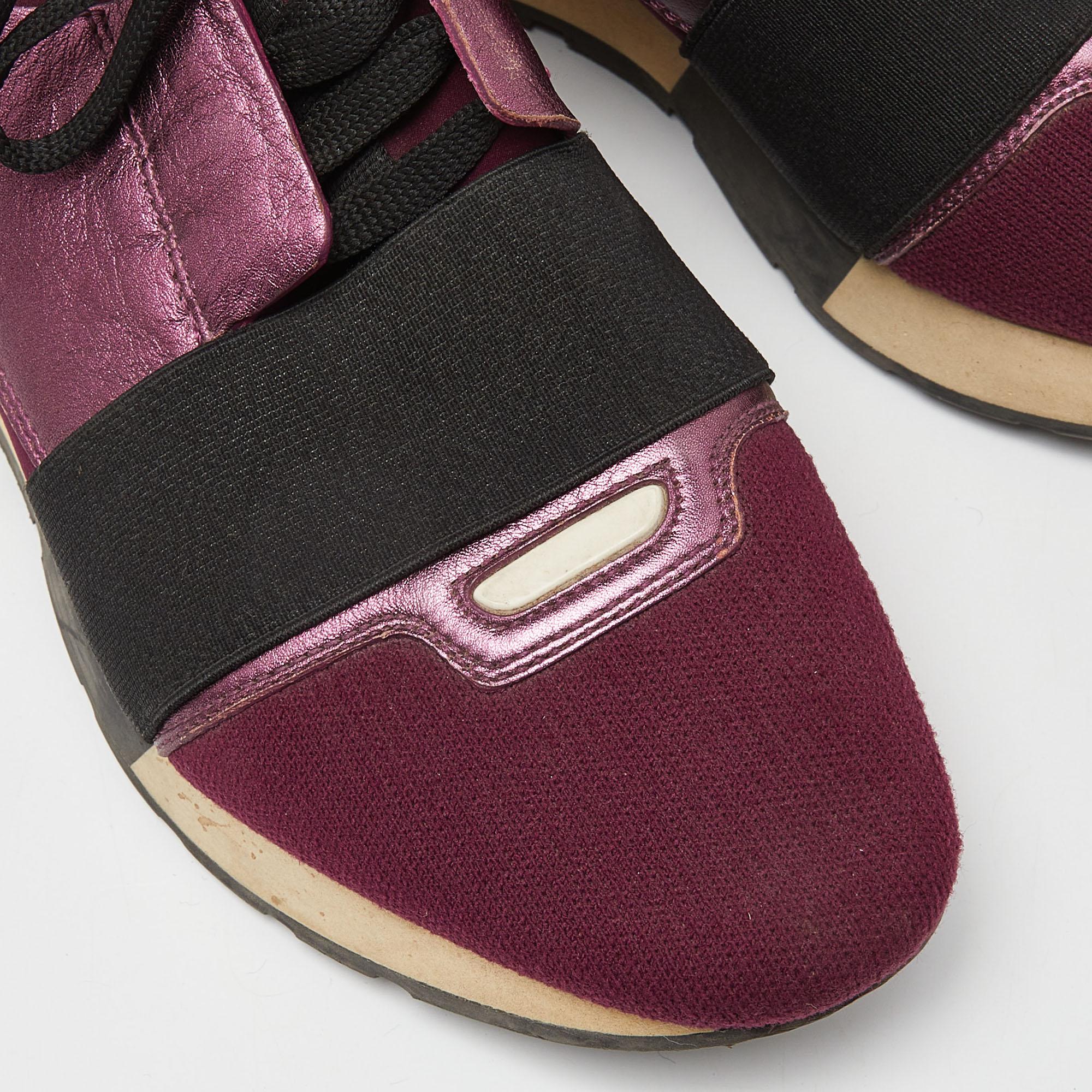 Balenciaga Burgundy Leather, Neoprene and Fabric Race Runner Sneakers Size 39 For Sale 2